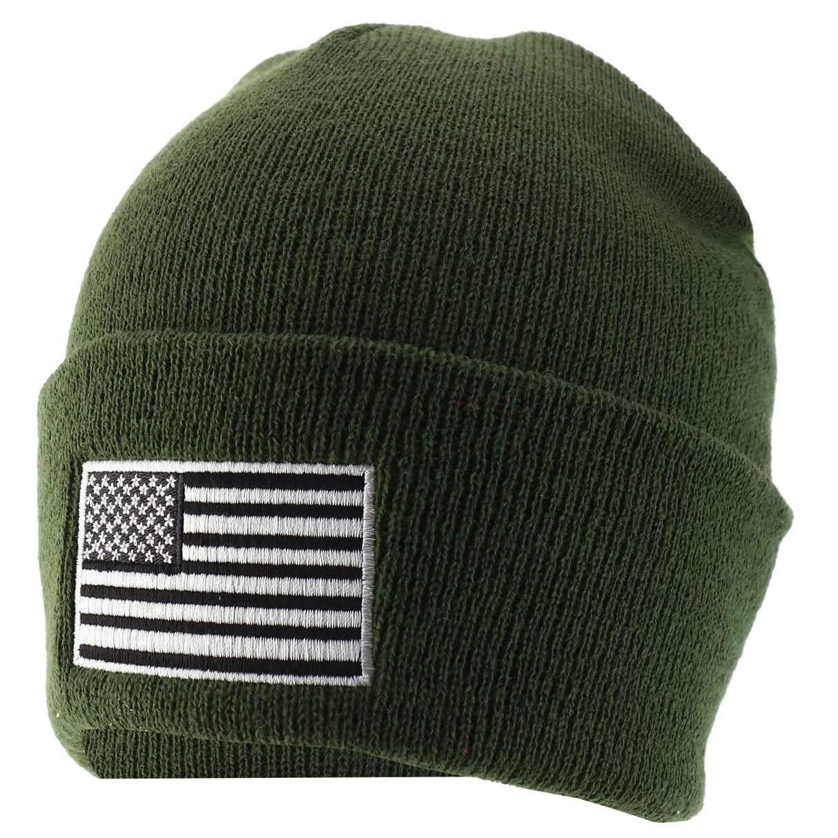 Made in USA Grey American Flag Embroidered Knit Cuff Long Beanie