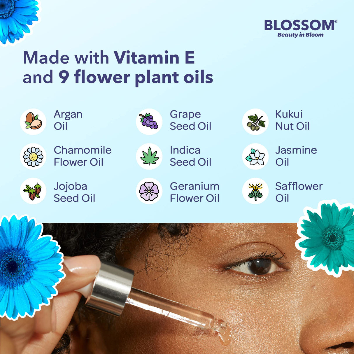 Blossom Unscented All Natural, Vegan, Cruelty Free Face Oil with Vitamin E, Infused with Real Flowers, Made in USA, 1 fl. oz., Spring Bouquet