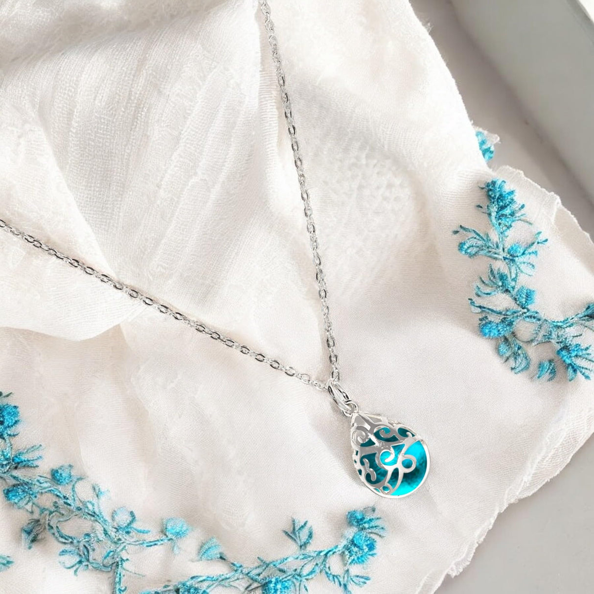 Bottled Up Designs Handmade Filigree Teardrop Necklace, Recycled Vintage Mason Jar, Sterling Silver, Eco Friendly, Made in USA, Birthday Gifts, Mothers Day, Women, Anniversary (Mason Jar Aqua)