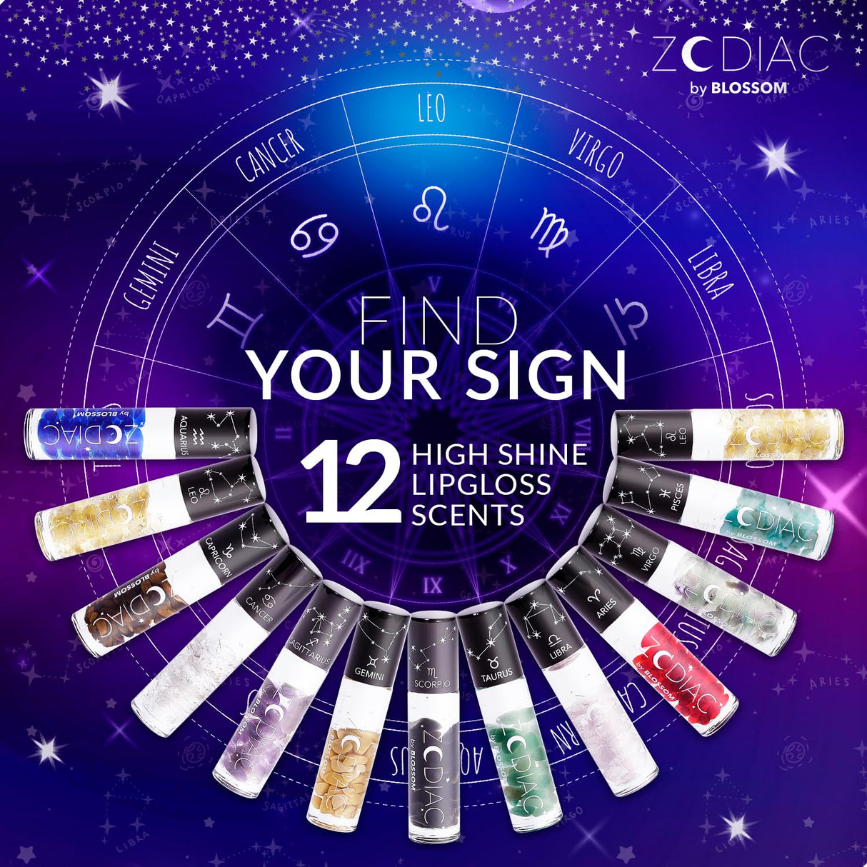 Blossom Zodiac Sign Roll-On Lip Gloss, Vanilla Scented + Moisturizing with Crystals, Made in USA, 0.20 fl. oz./5.9ml, Aquarius