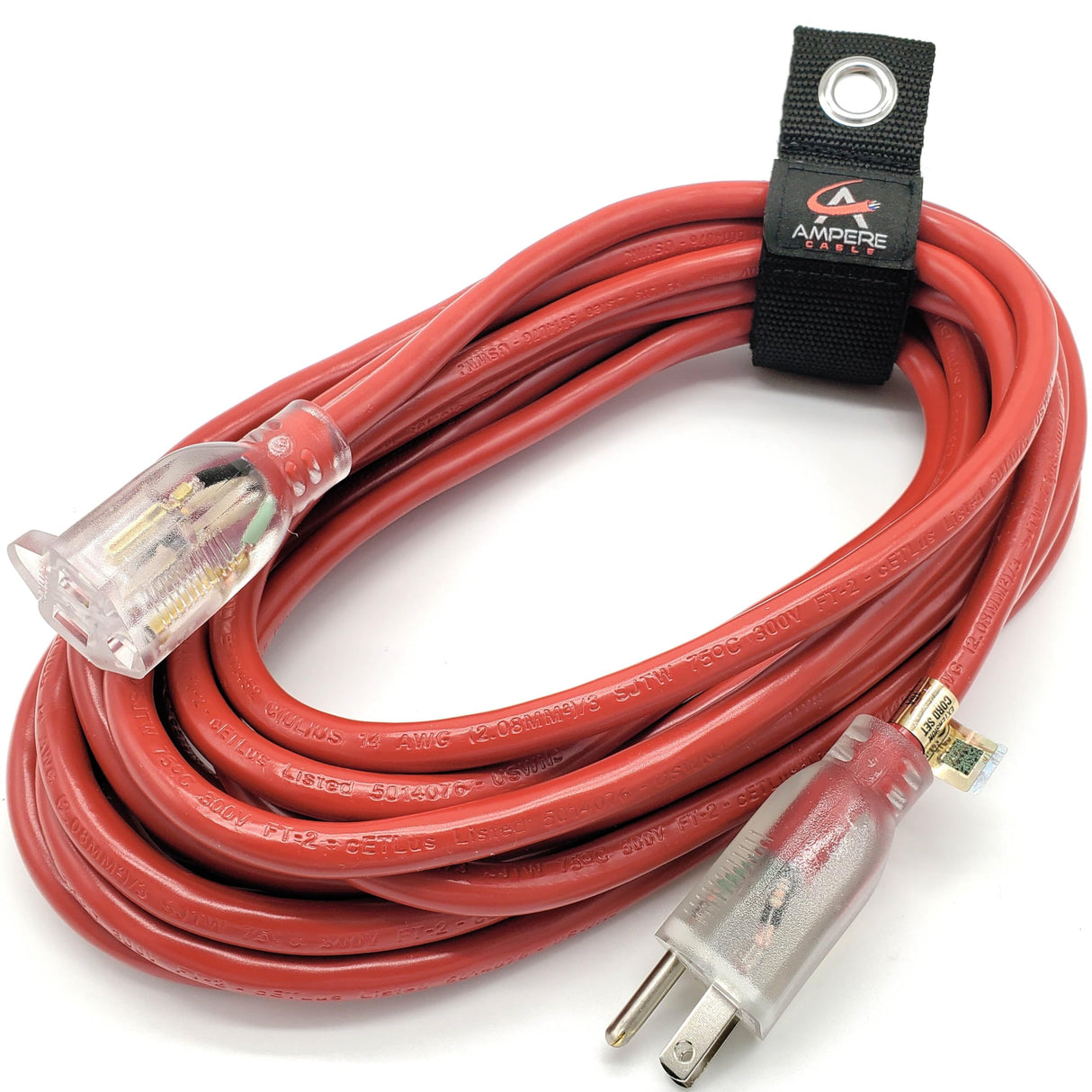50 ft - 14 Gauge Extension Cord Outdoor - Made in USA - Lighted on Both Ends - Red Outdoor Extension Cord Waterproof by Anthem Cable - Heavy Duty Extension Cord 50 ft 15 Amp Extension Cord