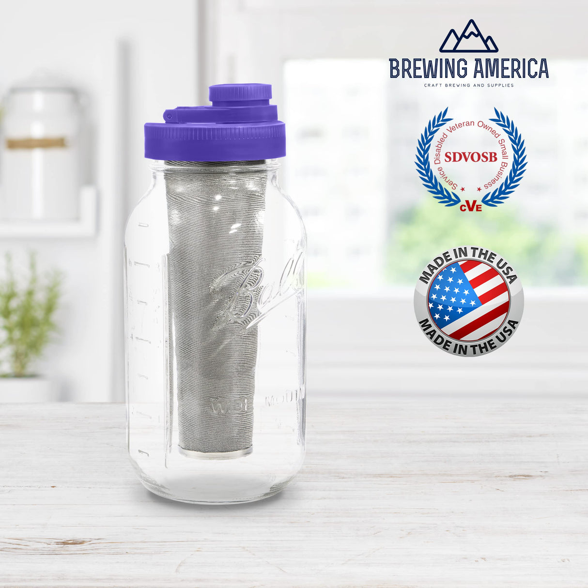 Brewing America Mason Jar Cold Brew Coffee Maker Infuser: Made in USA Wide Mouth Mason Jar with Screw Top Pour and Drinking Lid, Stainless Steel Filter - Coffee, Tea, Alcohol - 2 Quart 64 oz Blue Lid