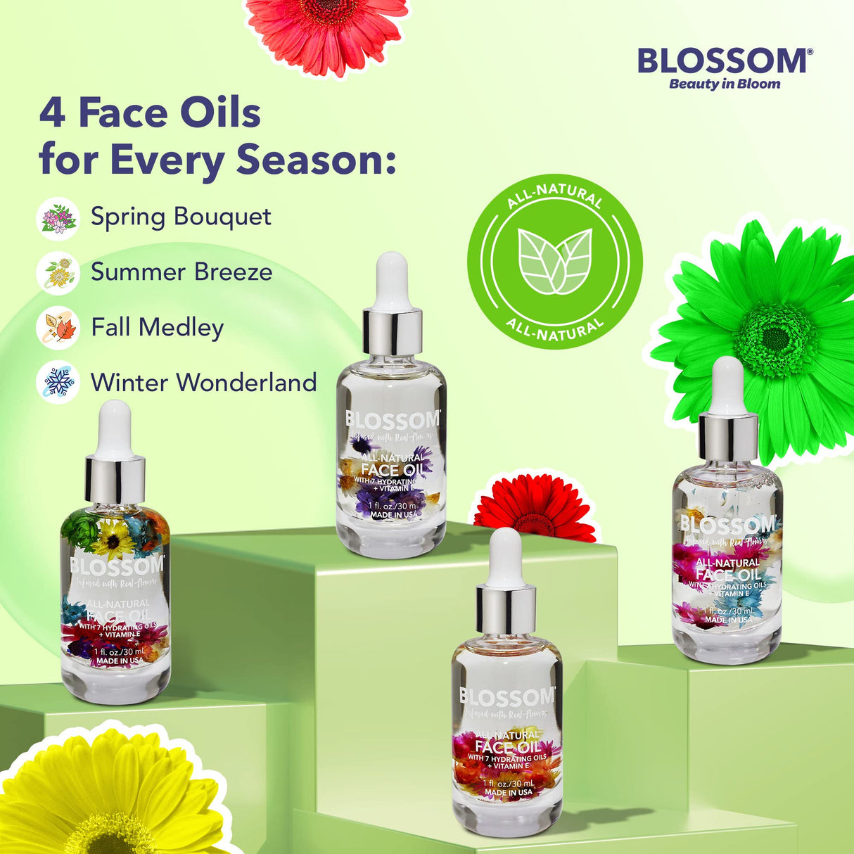 Blossom Unscented All Natural, Vegan, Cruelty Free Face Oil with Vitamin E, Infused with Real Flowers, Made in USA, 1 fl. oz., Spring Bouquet