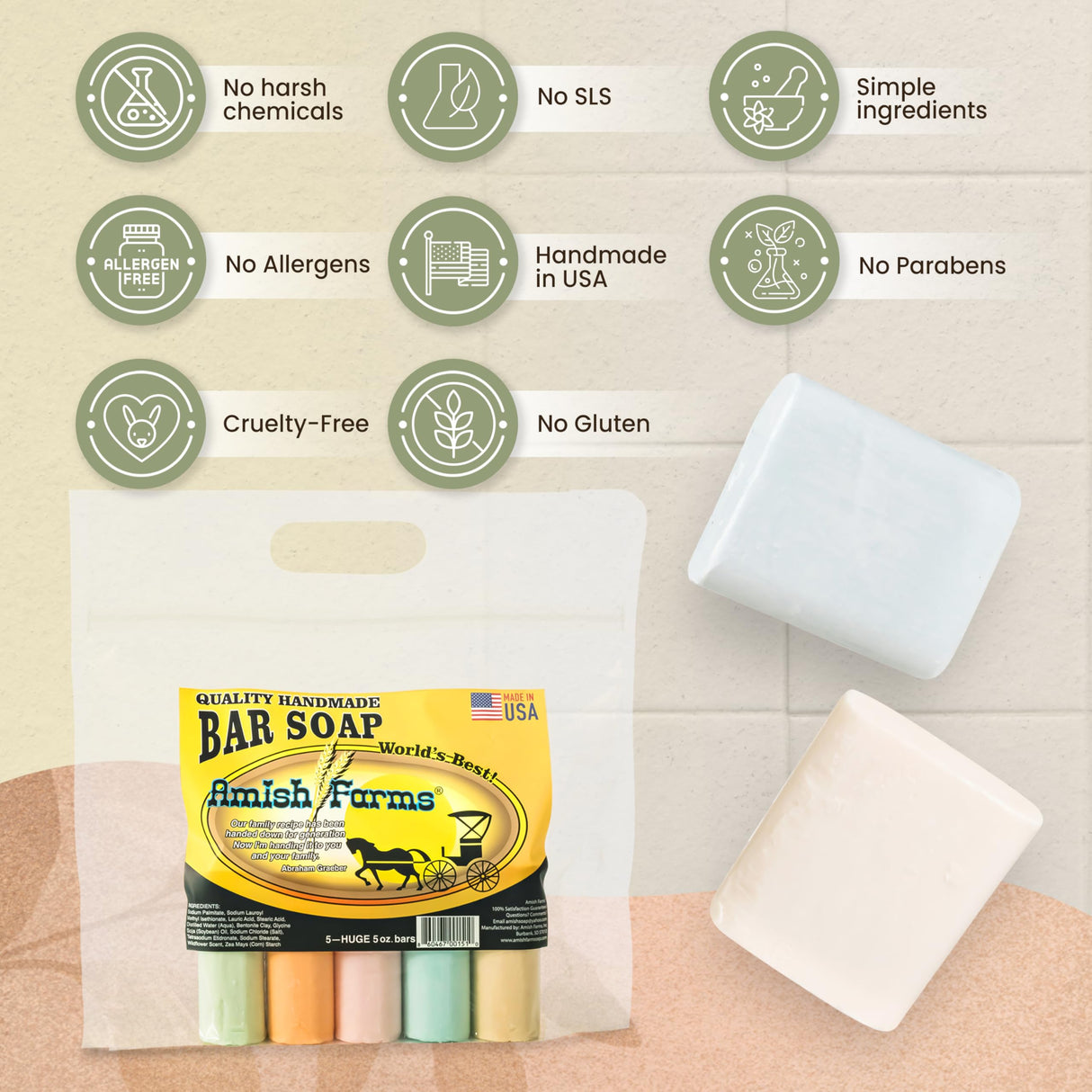 Amish Farms Bar Soap w/All Natural Bentonite Clay | Made in USA, Vegan Moisturizing for Sensitive Skin | Women & Mens Face & Body Bar Bath Soap for Shower | Clean Scent | 5oz Ea (5 Bars)