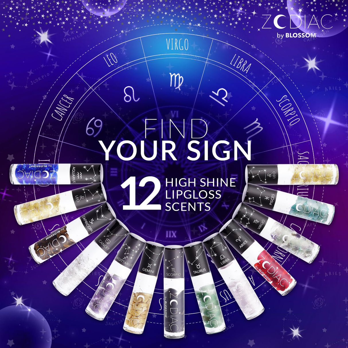 Blossom Zodiac Sign Roll-On Lip Gloss, Vanilla Scented + Moisturizing with Crystals, Made in USA, 0.20 fl. oz./5.9ml, Aquarius