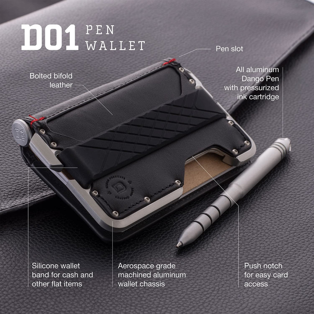 Dango Slim Minimalist Wallet for Men - RFID Blocking - Bifold, with Pen and Notebook