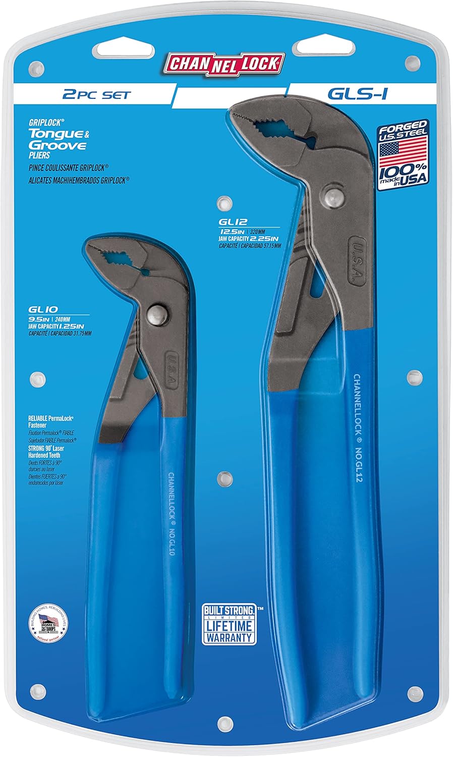 Channellock GL10 GripLock 1-3/4-Inch Jaw Capacity 9-1/2-Inch Utility Tongue and Groove Plier, Blue, 2 Piece Set, 9.5", 12.5", Matte/Unpolished