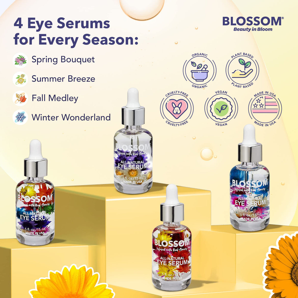 Blossom All Natural Eye Serum with Essential Oils, Organic Cruelty Free Moisturizing, Infused with Real Flowers, Made in USA, 0.5 fl. oz., Spring Bouquet