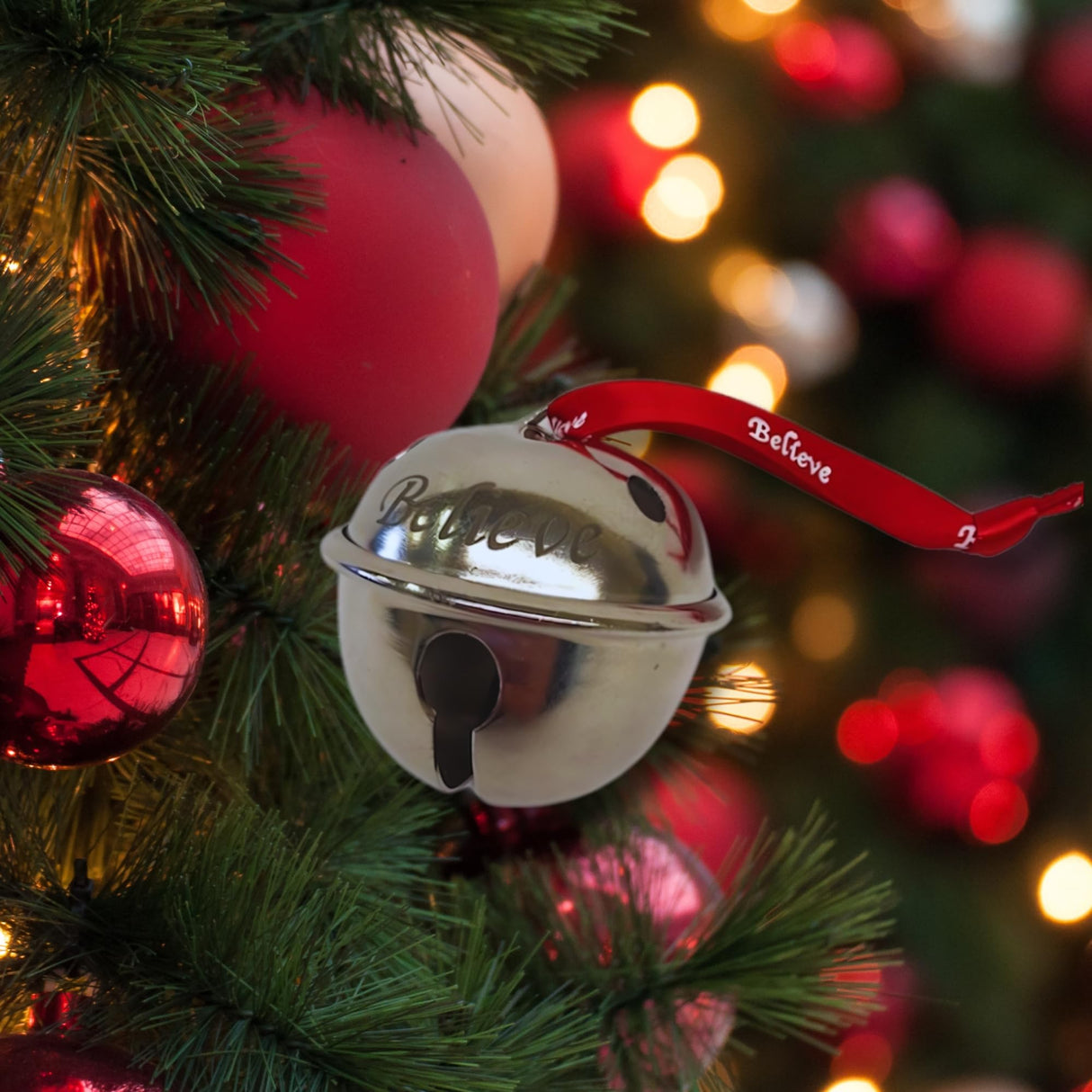 Bevin Bells Believe Sleigh Bells Ornament (3-Pack) | 1.5" Made of Steel | Hanging Bells with a Red Satin Believe Ribbon | Great Tone | Xmas Gift or Stocking Stuffer | Made in The USA