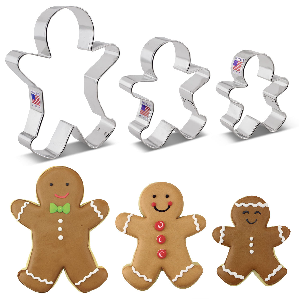 Gingerbread Man Cookie Cutters 3-Pc. Set Made in USA by Ann Clark, 2.9", 3.75", 5"