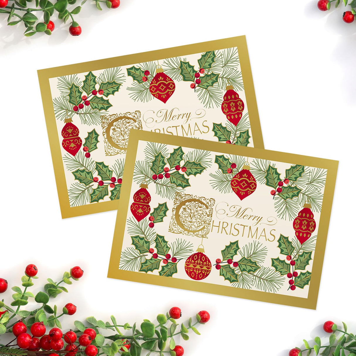 Masterpiece Sparkling Santa Christmas Cards / 16 Festive Holiday Cards Set With White Envelopes / 5 5/8" x 7 7/8" Winter Gold Foil Greeting Cards With Inside Verse/Made In The USA