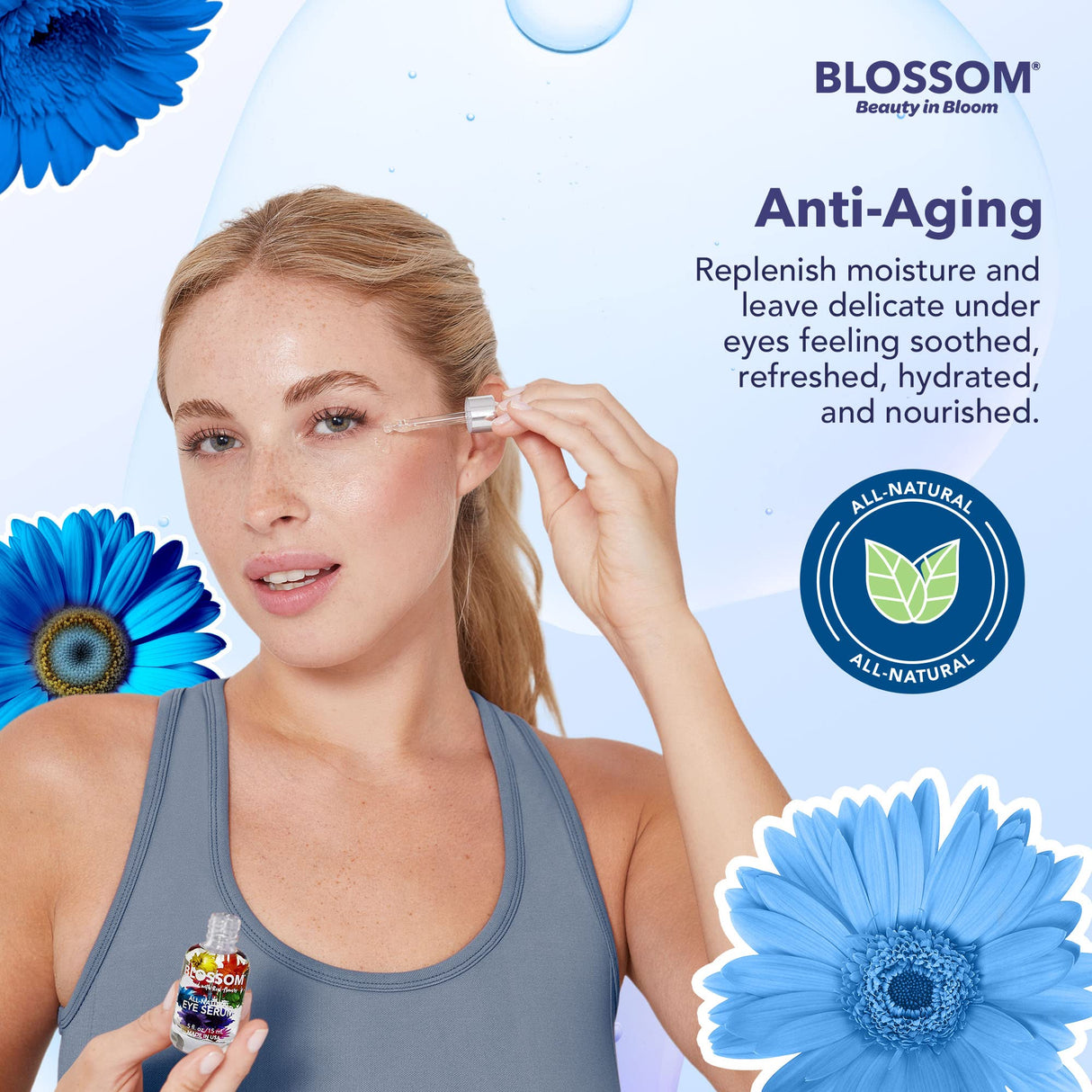 Blossom All Natural Eye Serum with Essential Oils, Organic Cruelty Free Moisturizing, Infused with Real Flowers, Made in USA, 0.5 fl. oz., Spring Bouquet