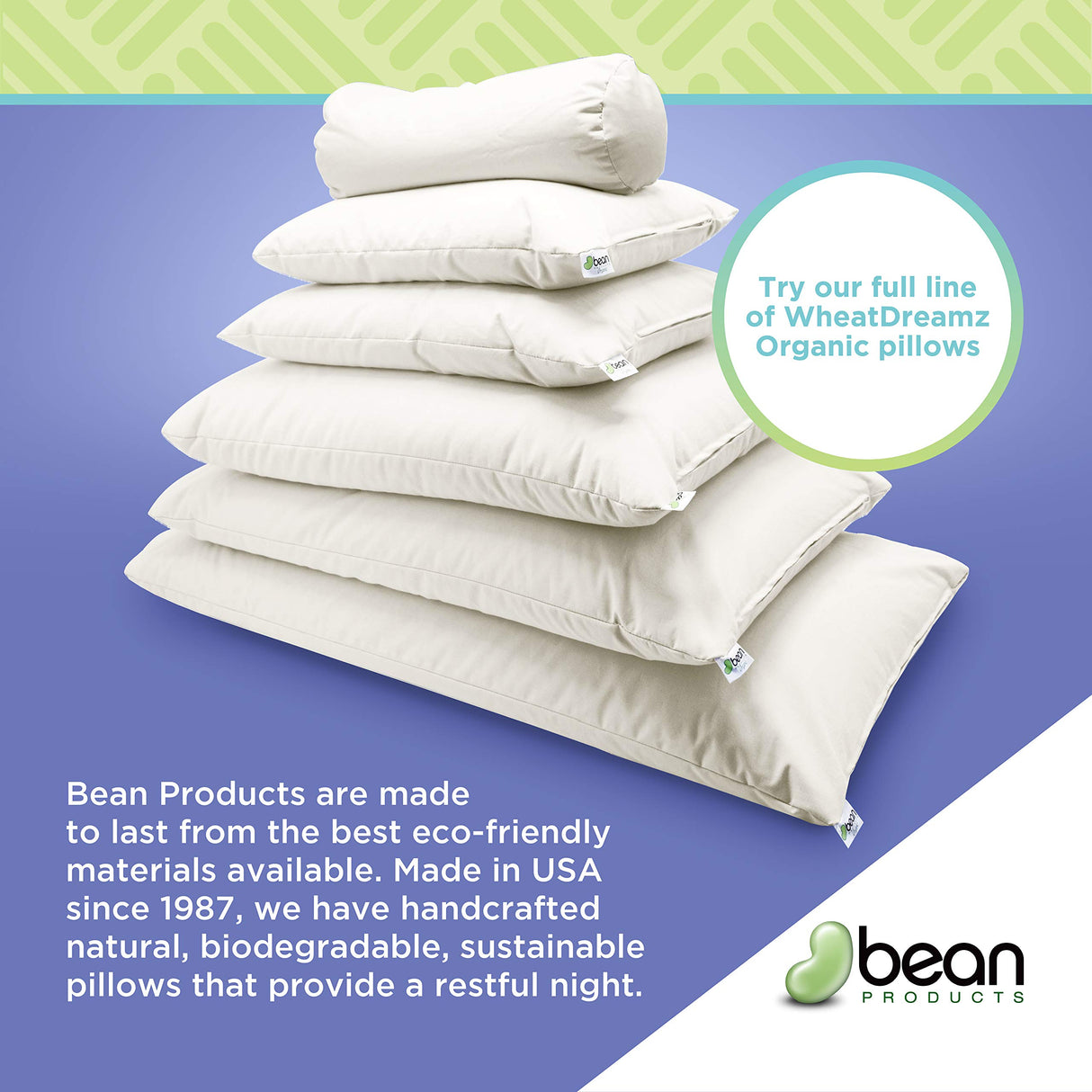 Bean Products Neck Roll Organic Kapok Pillow - 6" x 16" - Organic Cotton Zippered Shell - Made in USA