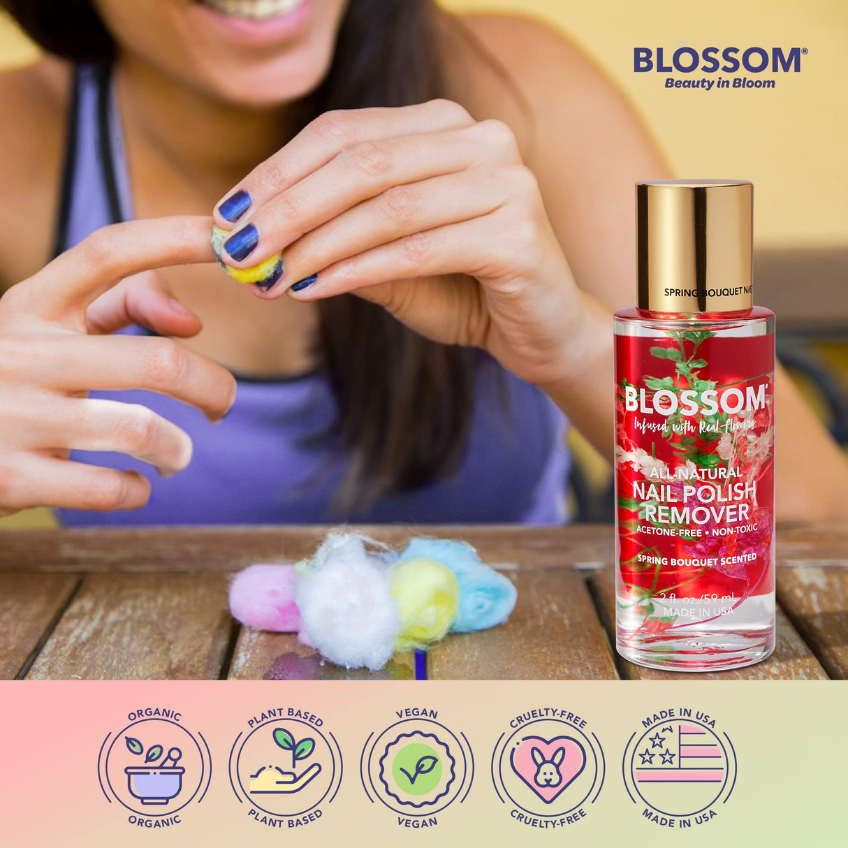 Blossom All Natural Acetone Free Nail Polish Remover, Scented, Organic Plant-Based, Vegan, Cruelty Free, Infused with Real Flowers, 2 fl. oz., Spring Bouquet