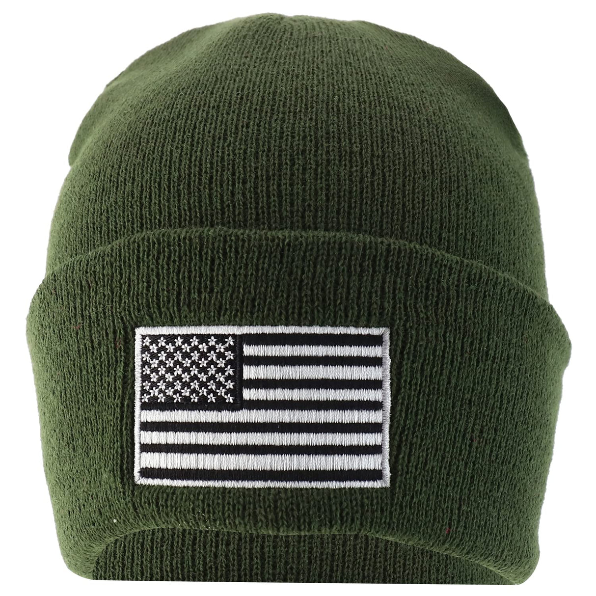 Made in USA Grey American Flag Embroidered Knit Cuff Long Beanie