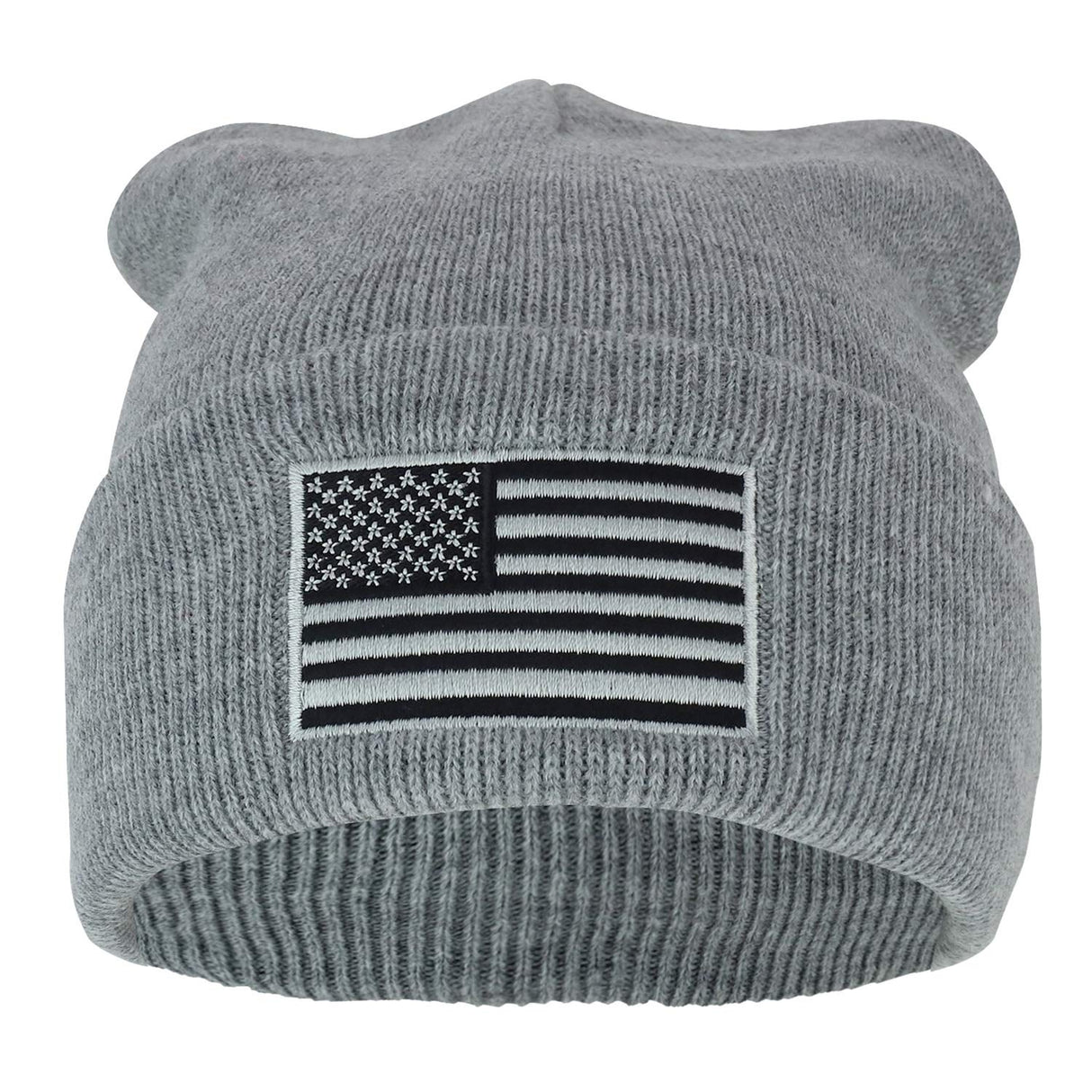 Made in USA Grey American Flag Embroidered Knit Cuff Long Beanie