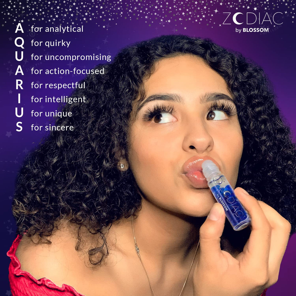 Blossom Zodiac Sign Roll-On Lip Gloss, Vanilla Scented + Moisturizing with Crystals, Made in USA, 0.20 fl. oz./5.9ml, Aquarius