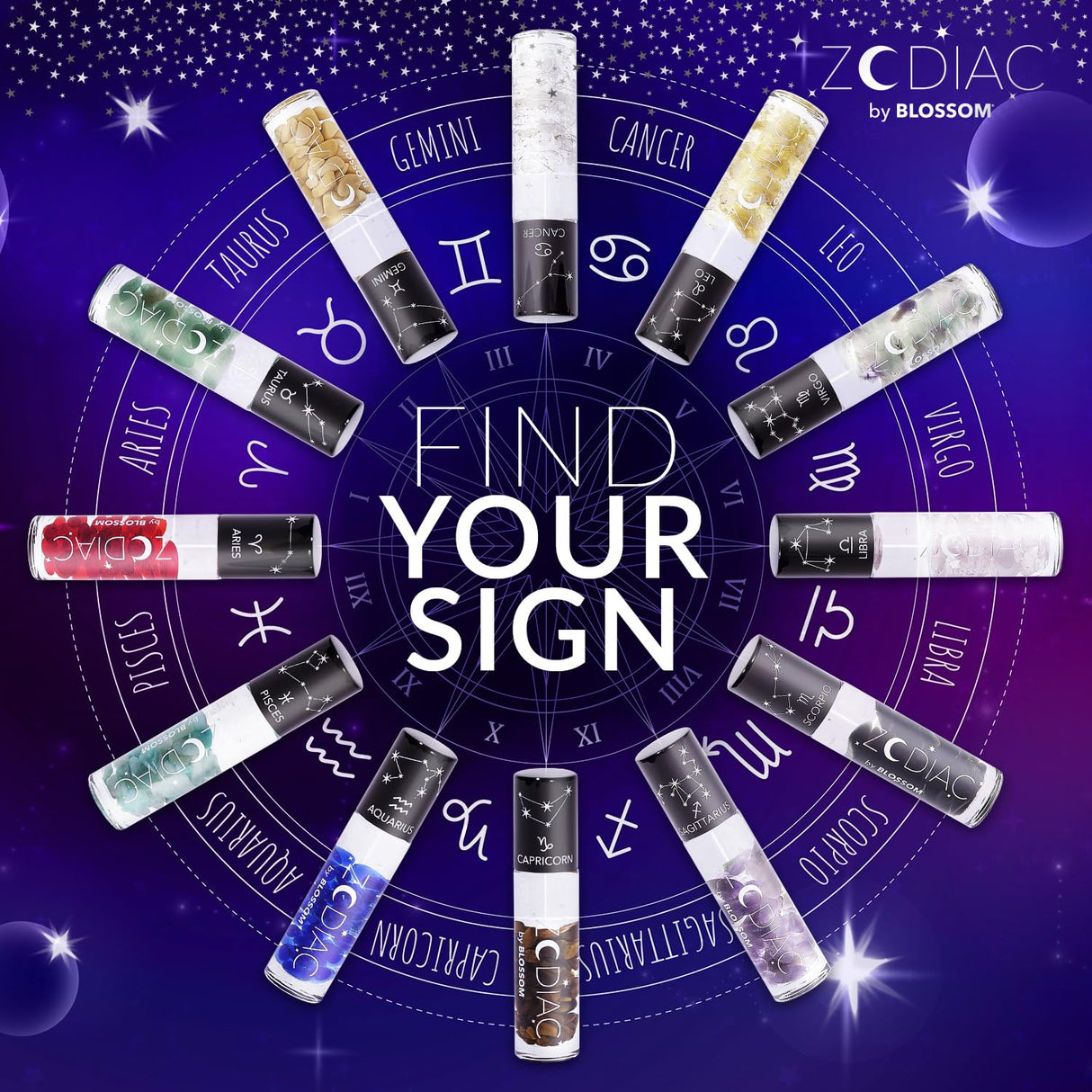 Blossom Zodiac Sign Roll-On Lip Gloss, Vanilla Scented + Moisturizing with Crystals, Made in USA, 0.20 fl. oz./5.9ml, Aquarius