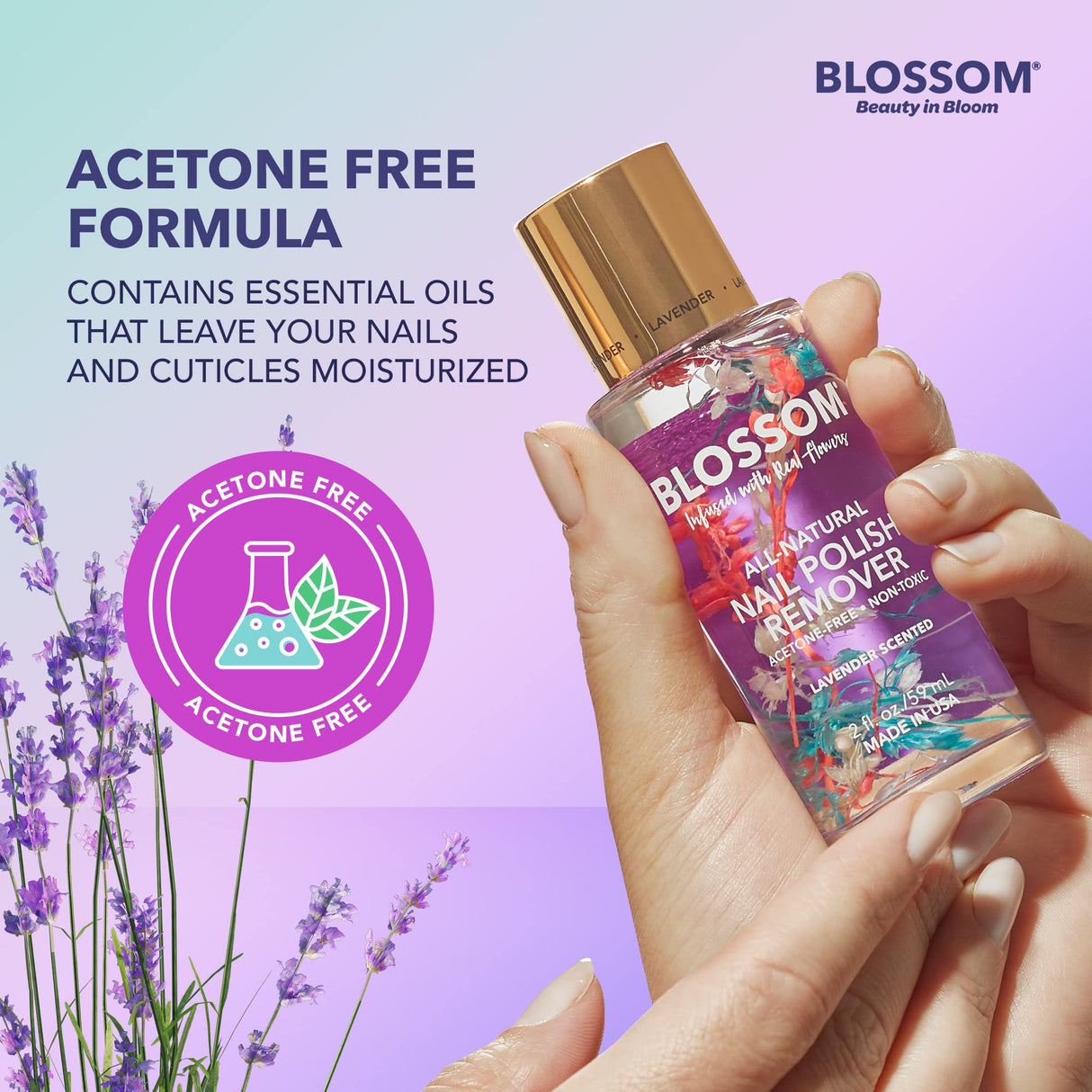 Blossom All Natural Acetone Free Nail Polish Remover, Scented, Organic Plant-Based, Vegan, Cruelty Free, Infused with Real Flowers, 2 fl. oz., Spring Bouquet