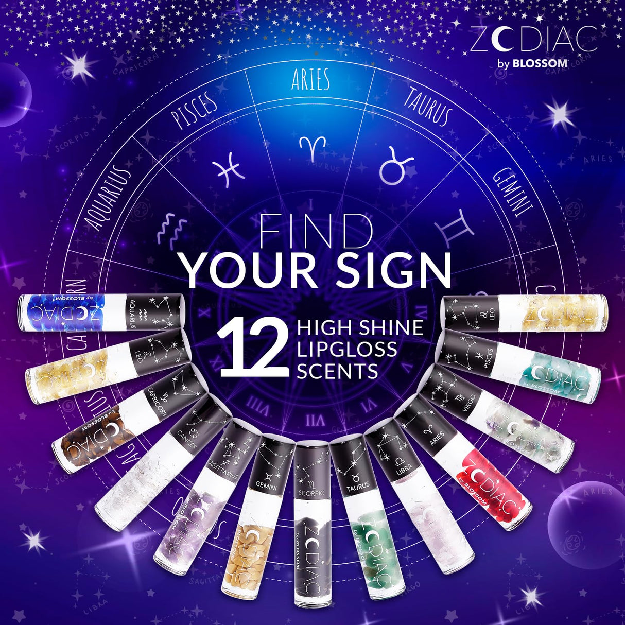 Blossom Zodiac Sign Roll-On Lip Gloss, Vanilla Scented + Moisturizing with Crystals, Made in USA, 0.20 fl. oz./5.9ml, Aquarius