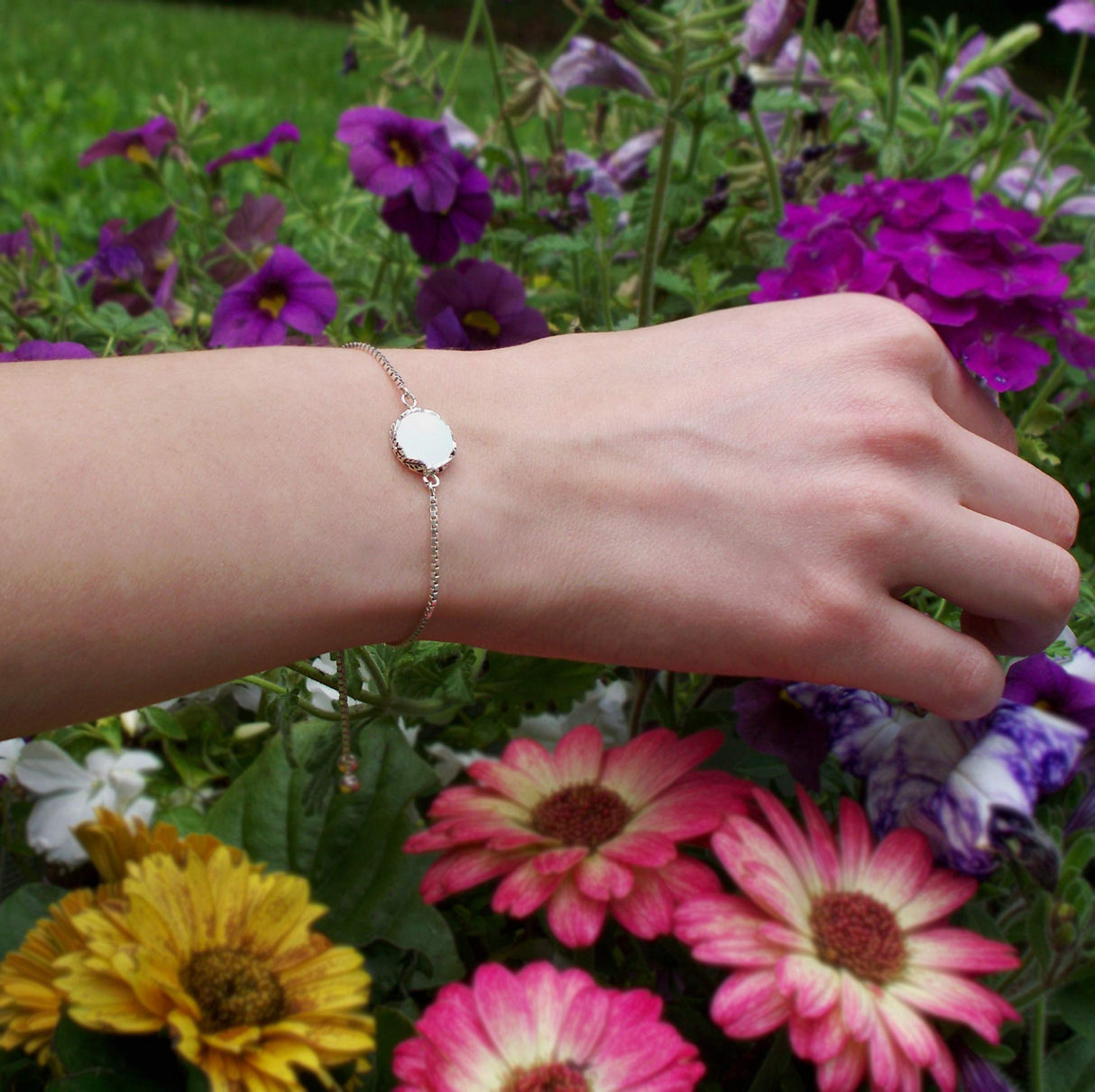 Bottled Up Designs Handmade Vintage Botanical Series Adjustable Slider Bracelet, Recycled Glass, Sterling Silver, Eco Friendly, Made in USA, Birthday Gifts, Mothers Day, Women (Mason Jar (Aqua))