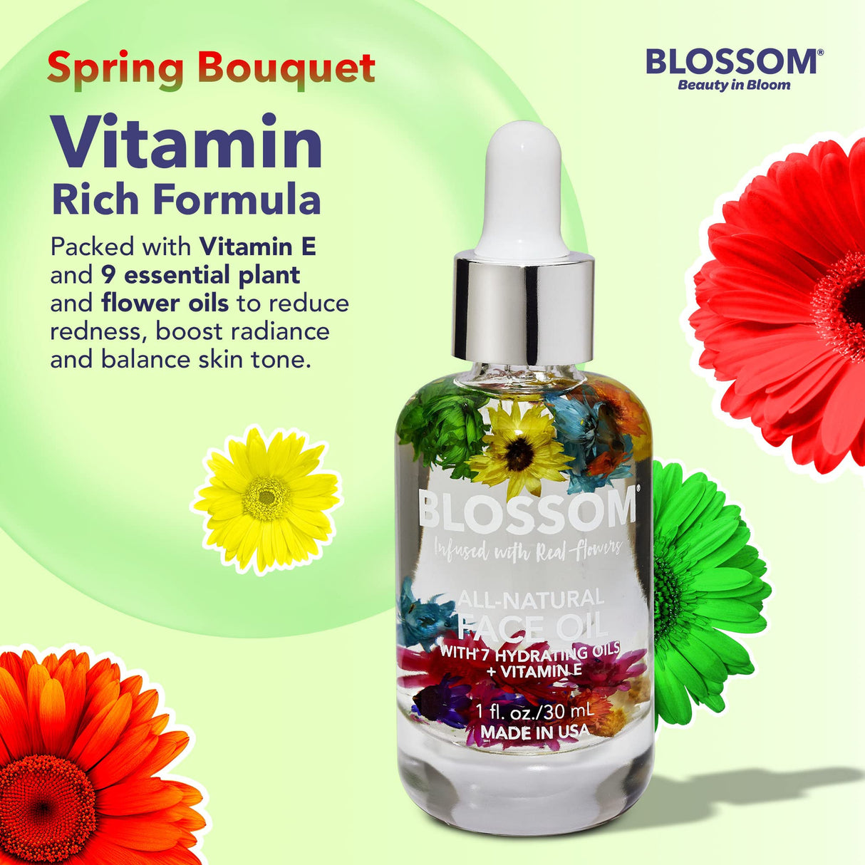 Blossom Unscented All Natural, Vegan, Cruelty Free Face Oil with Vitamin E, Infused with Real Flowers, Made in USA, 1 fl. oz., Spring Bouquet