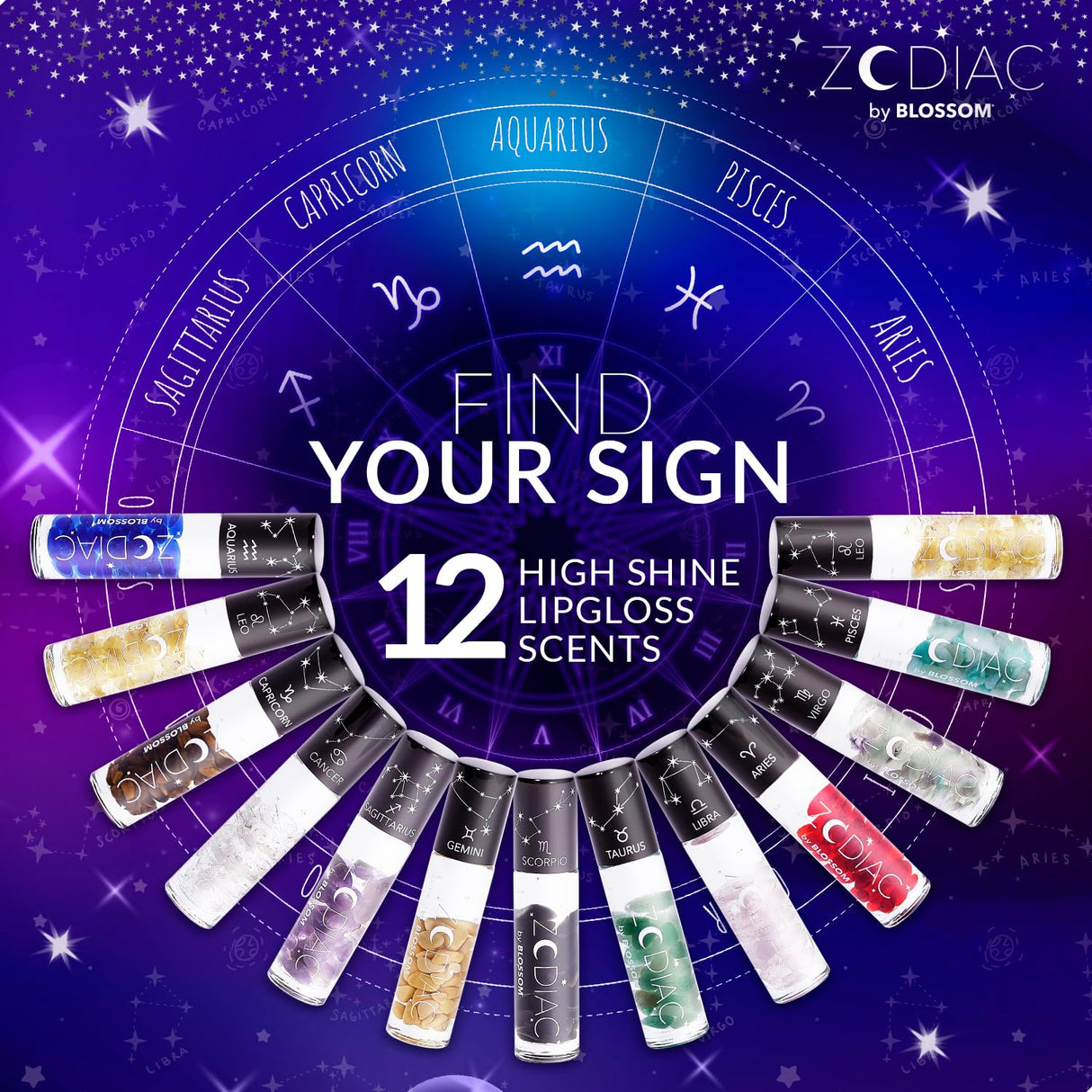 Blossom Zodiac Sign Roll-On Lip Gloss, Vanilla Scented + Moisturizing with Crystals, Made in USA, 0.20 fl. oz./5.9ml, Aquarius