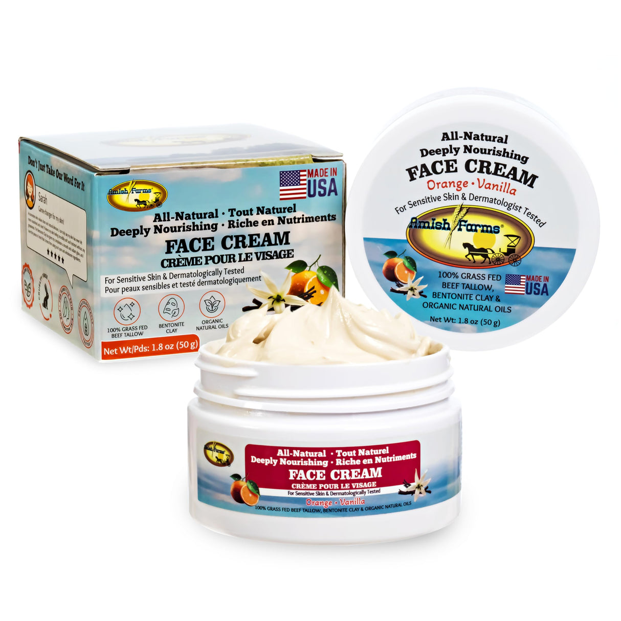 Amish Farms Tallow Face Cream - Handcrafted Beef Tallow for Skin Moisturizer Infused with Natural Ingredients, Orange & Vanilla Oils, 100% Grass-Fed Beef Tallow for Hydrated & Radiant Skin (50g Jar)
