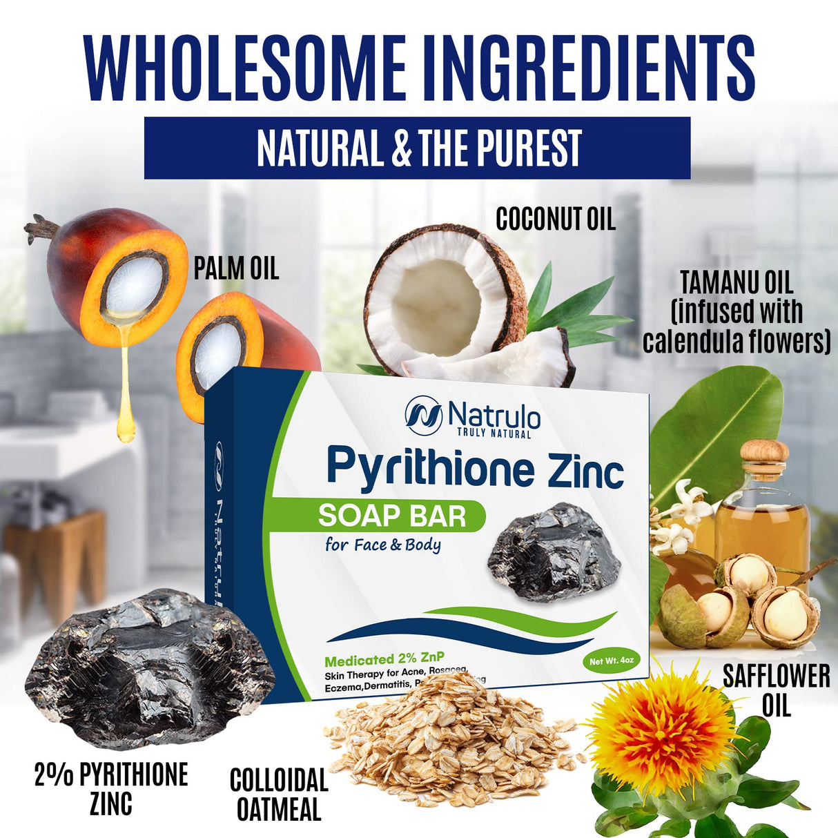 Pyrithione Zinc Soap Bar for Face & Body, 4oz | Medicated 2% ZnP Bar Soap Skin Therapy Cleanser for Acne, Rosacea, Eczema, Dermatitis, Psoriasis, Itching | Cleansing, Calming Facial Wash Made in USA
