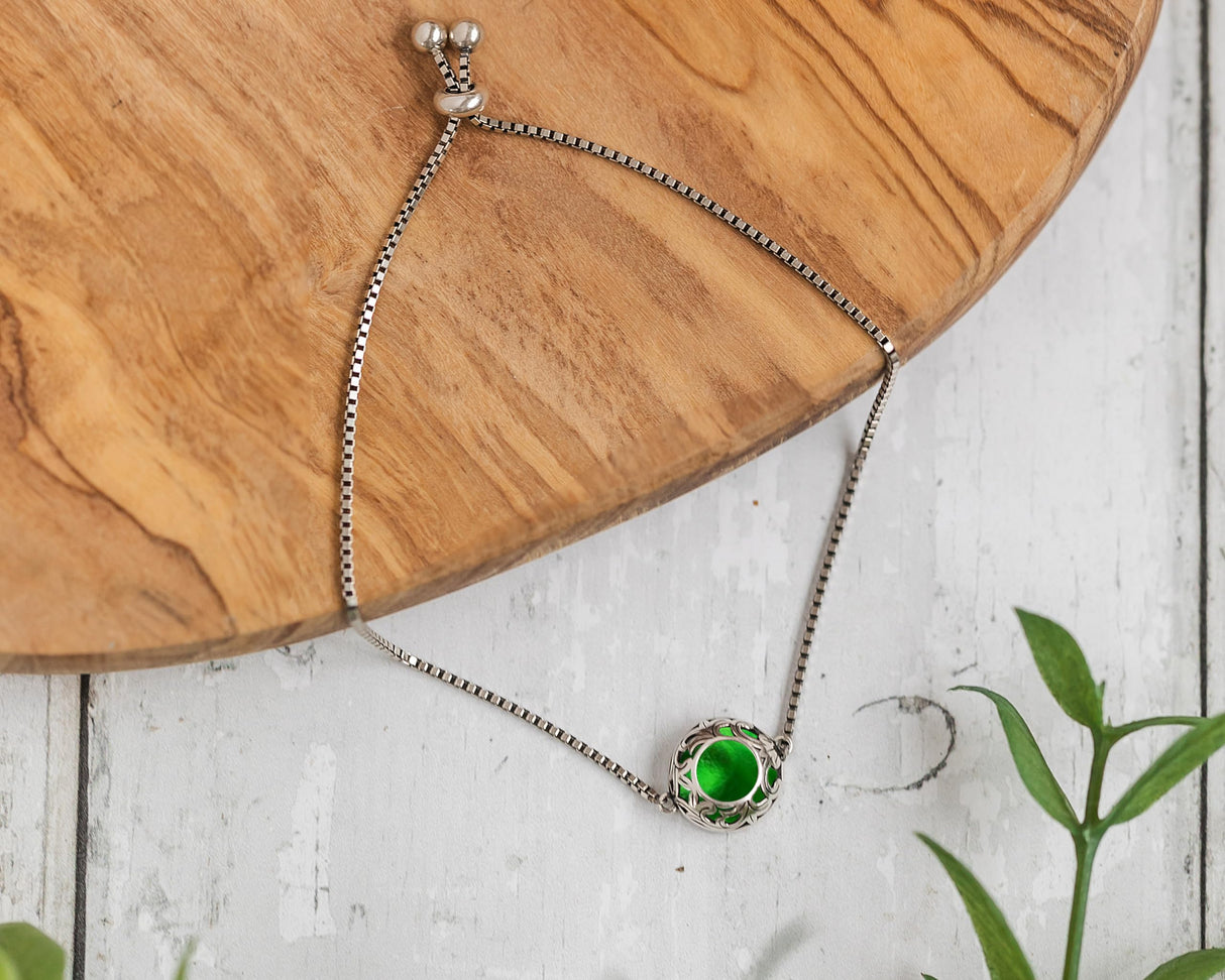 Bottled Up Designs Handmade Vintage Lace Adjustable Slider Bracelet, Recycled Glass, Sterling Silver, Eco Friendly, Made in USA, Birthday Gifts, Mothers Day, Women (Olive Wine Bottle)