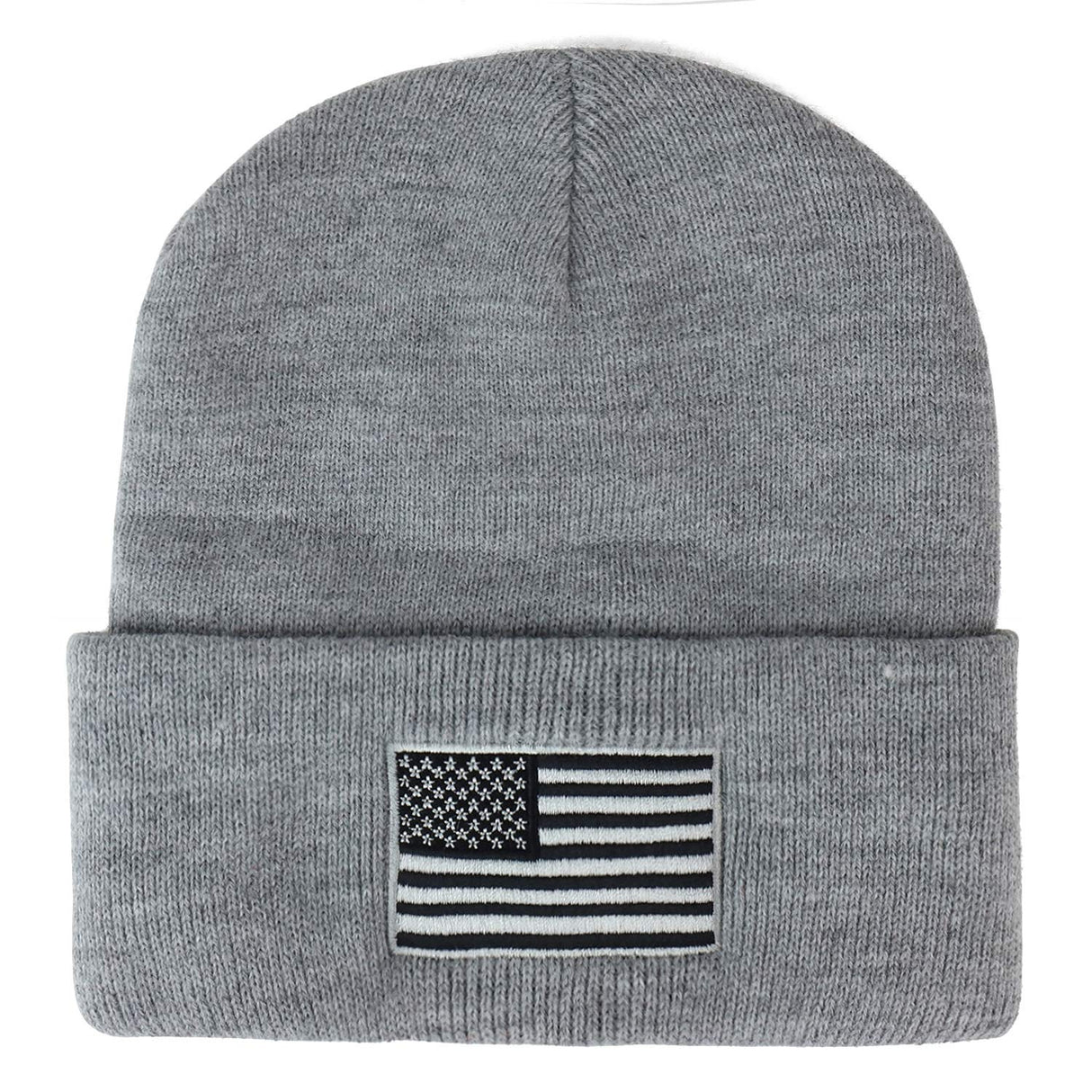 Made in USA Grey American Flag Embroidered Knit Cuff Long Beanie