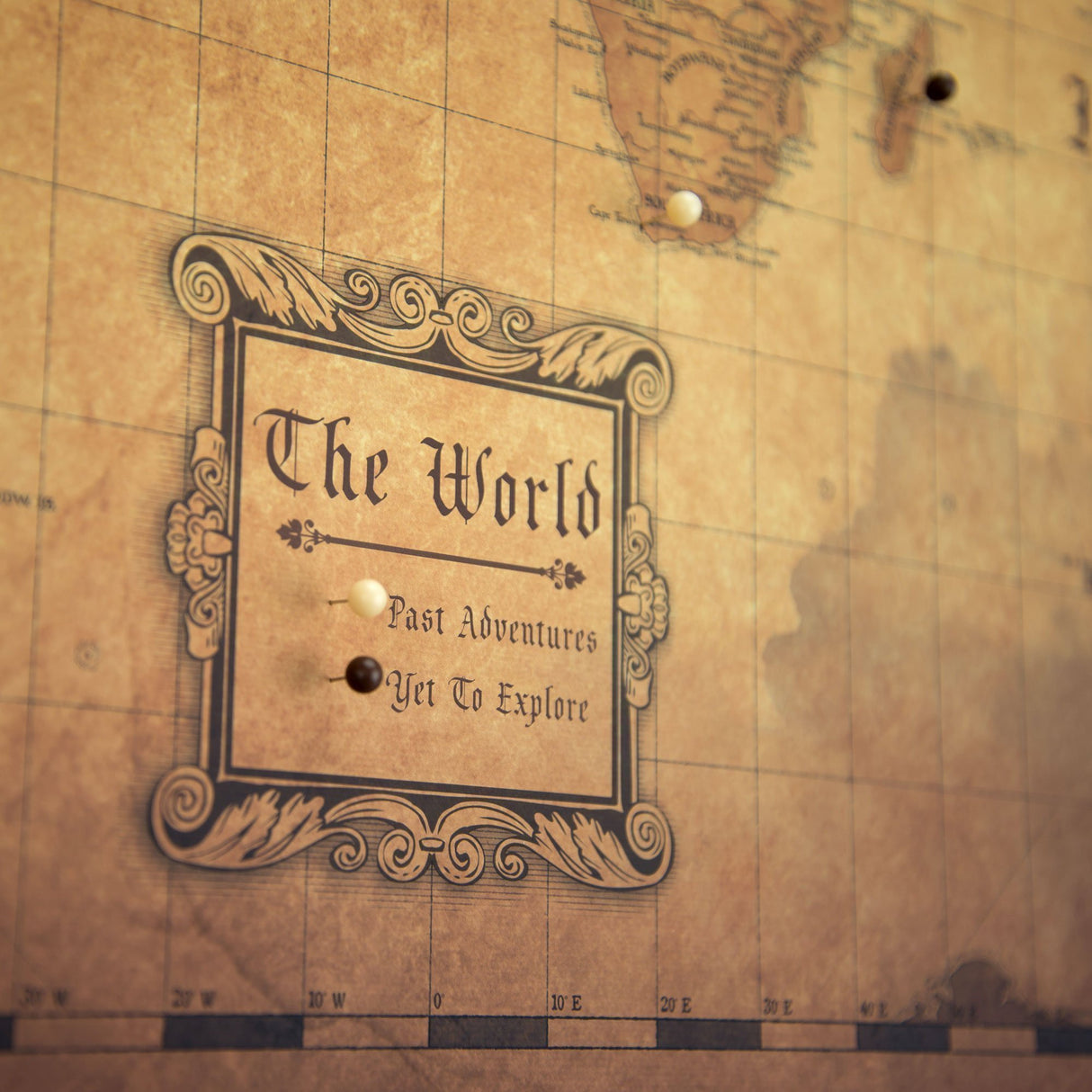 Push Pin World Map Board - With Push Pins to Mark World Travel - Handmade in Ohio, USA - Design: Golden Aged (48" x 32")