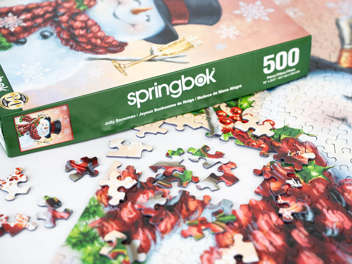 Springbok's Jolly Snowman 500 Piece Jigsaw Puzzle by Donna Gelsinger is a Happy Holiday Image for Every Age