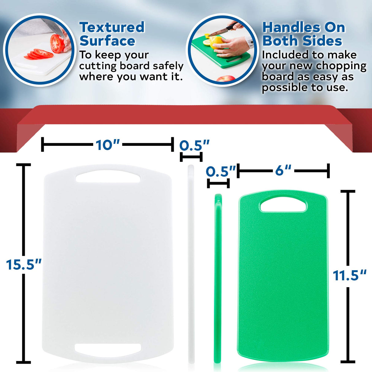 Plastic Cutting Boards for Kitchen, Made in USA, Set of 2, Large 15.5"x10" and Small 11.5"x6", BPA and Phthalate Free, Meets USDA-NSF-FDA Standards, Commercial 1/2" Thick HDPE Plastic, Dishwasher Safe