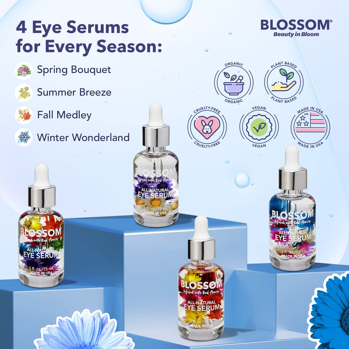 Blossom All Natural Eye Serum with Essential Oils, Organic Cruelty Free Moisturizing, Infused with Real Flowers, Made in USA, 0.5 fl. oz., Spring Bouquet