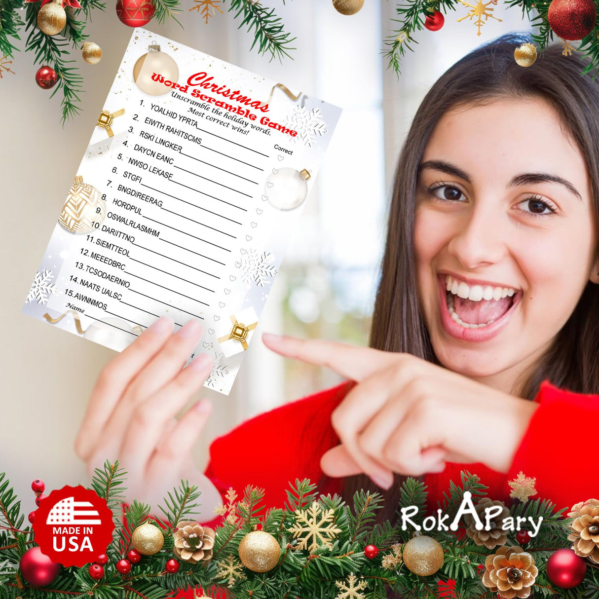 Christmas Word Scramble Game, Christmas Holiday Party Ideas, Play Pack of 30 Cards 5”x7”. Made in USA