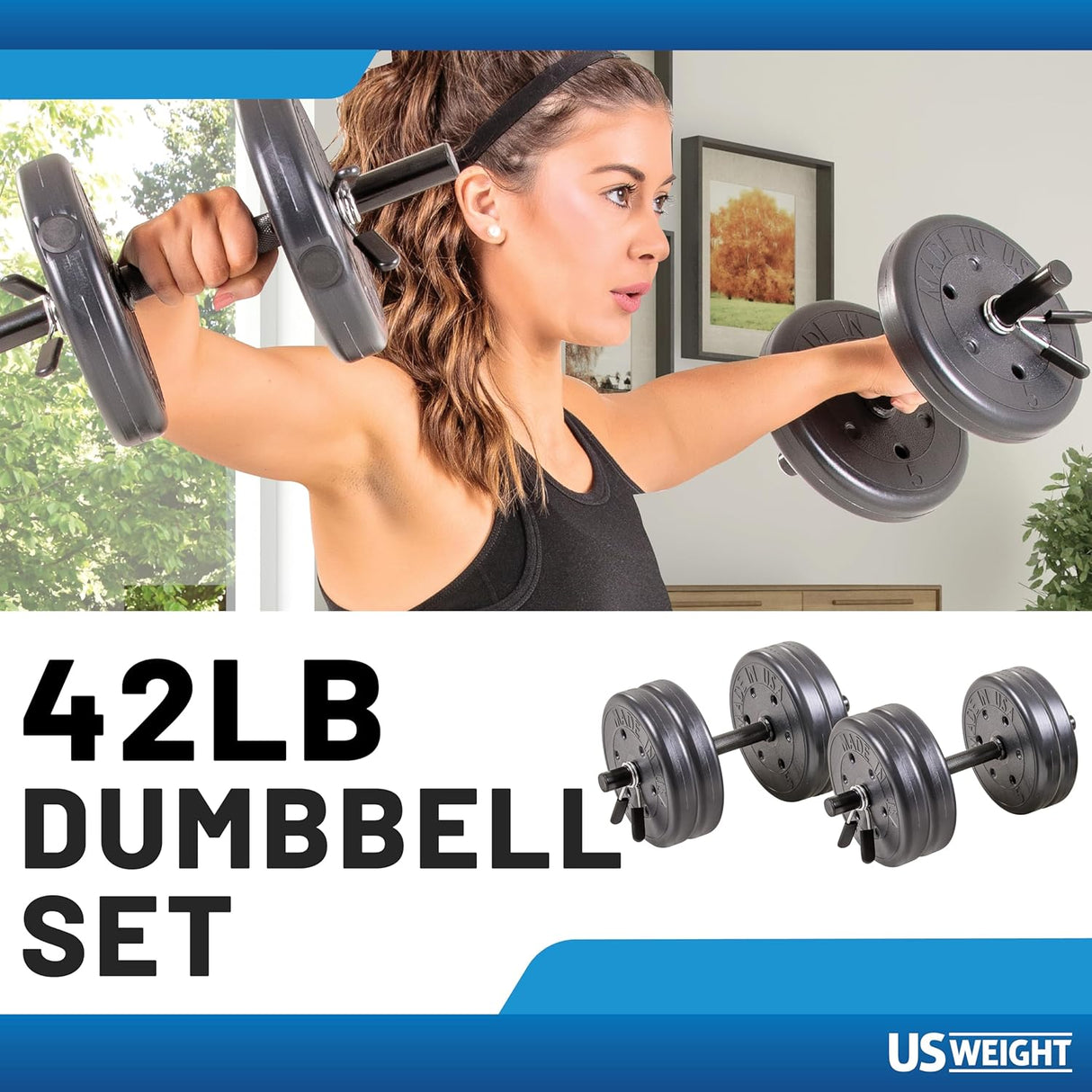 US Weight Adjustable 42LB Dumbbell Set with Spring Clips, 14" Knurled Bars – Made in USA, Essential Home Gym Equipment for Strength Training