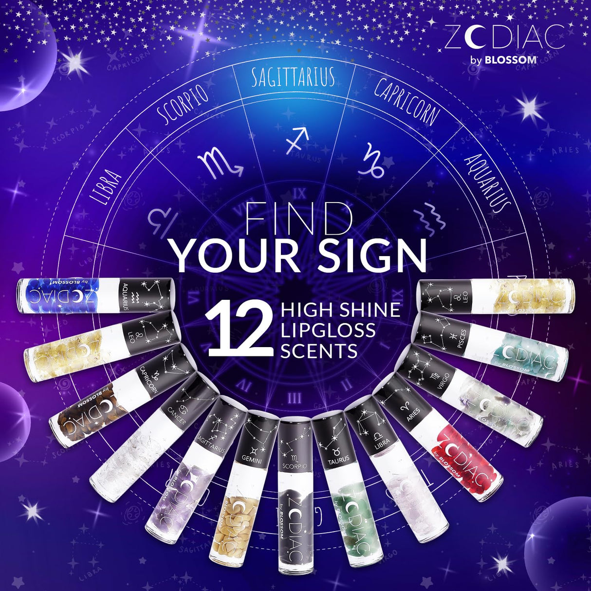 Blossom Zodiac Sign Roll-On Lip Gloss, Vanilla Scented + Moisturizing with Crystals, Made in USA, 0.20 fl. oz./5.9ml, Aquarius