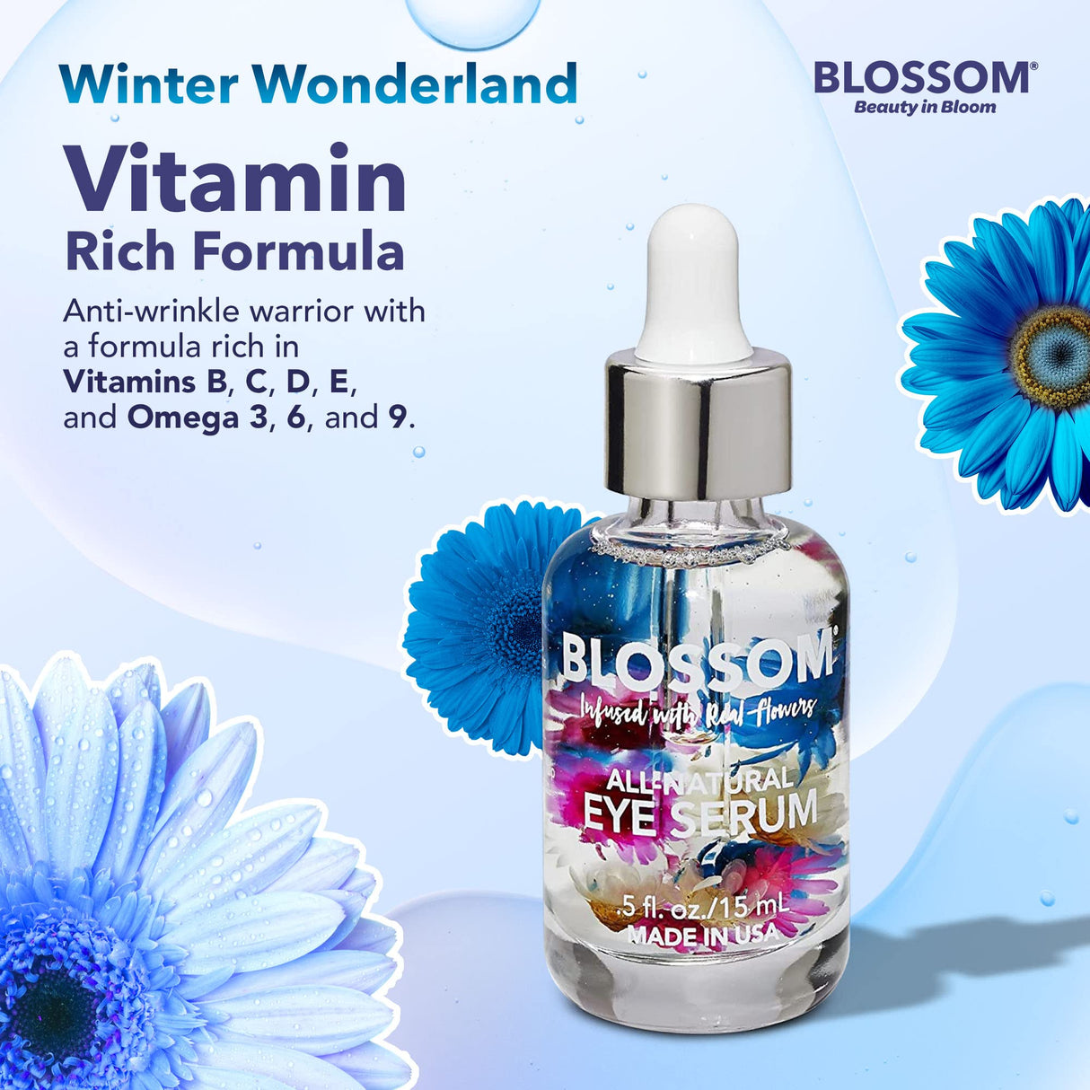 Blossom All Natural Eye Serum with Essential Oils, Organic Cruelty Free Moisturizing, Infused with Real Flowers, Made in USA, 0.5 fl. oz., Spring Bouquet