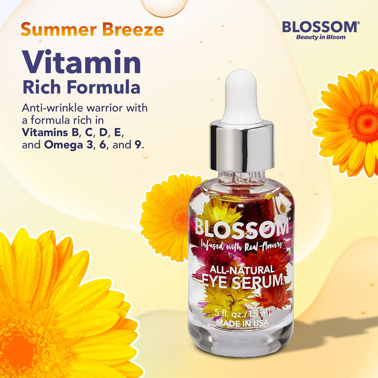 Blossom All Natural Eye Serum with Essential Oils, Organic Cruelty Free Moisturizing, Infused with Real Flowers, Made in USA, 0.5 fl. oz., Spring Bouquet