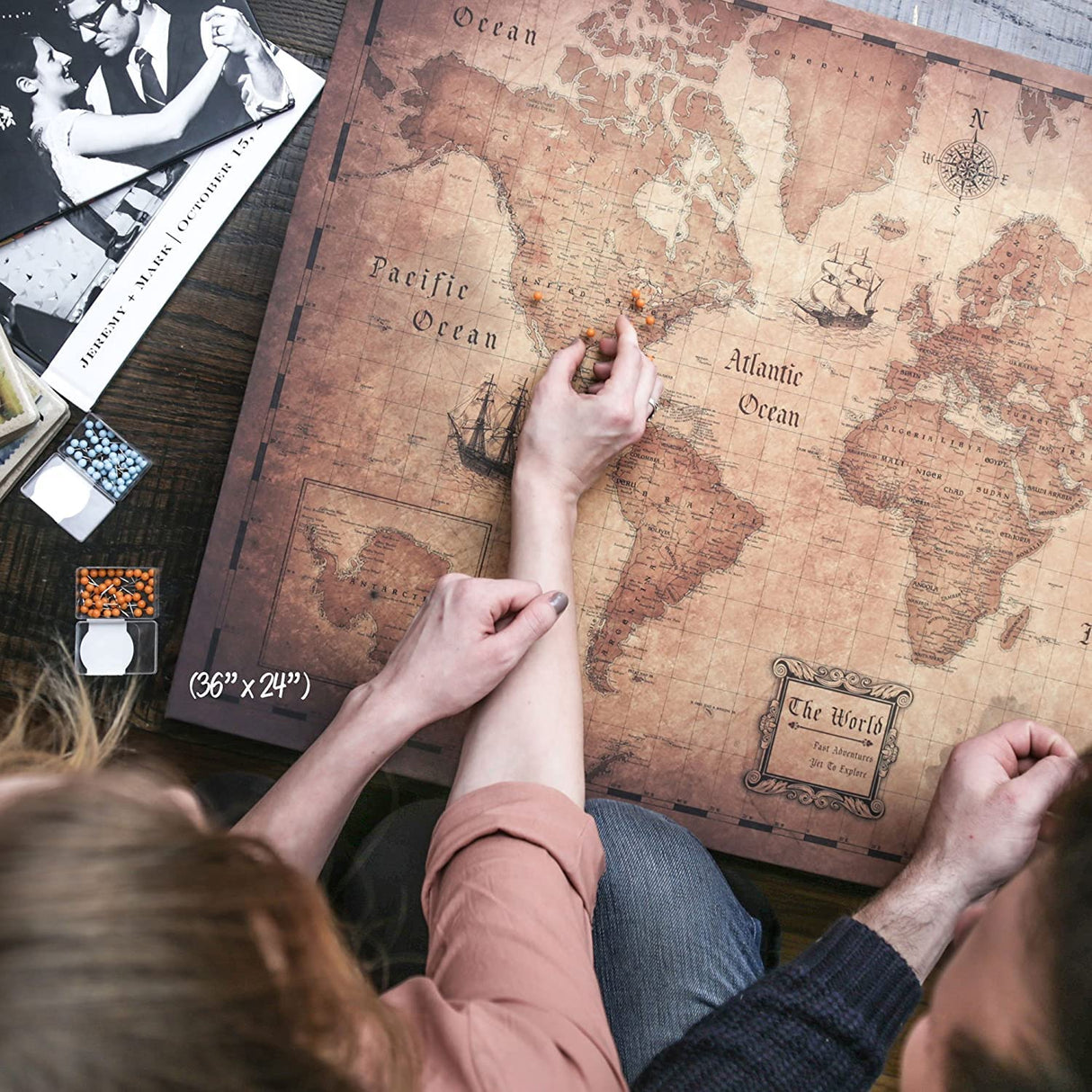 Push Pin World Map Board - With Push Pins to Mark World Travel - Handmade in Ohio, USA - Design: Golden Aged (48" x 32")