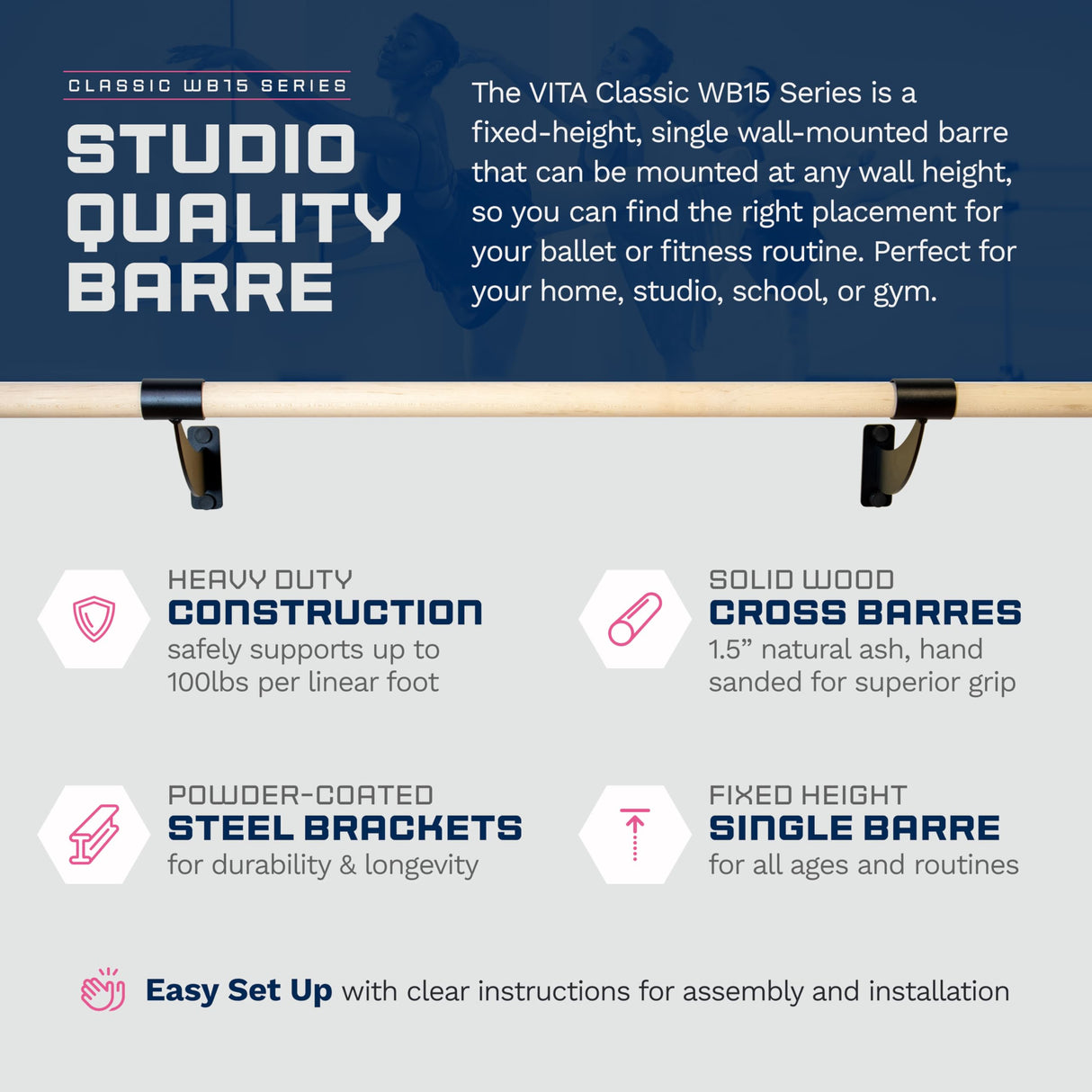 VITA Barre Wall-Mounted Single Ballet Barre, Classic WB15, Wood | Fixed Height, Made in USA, Home, Studio or Gym Exercise Equipment for Kids & Adults | Dance, Fitness, Pilates