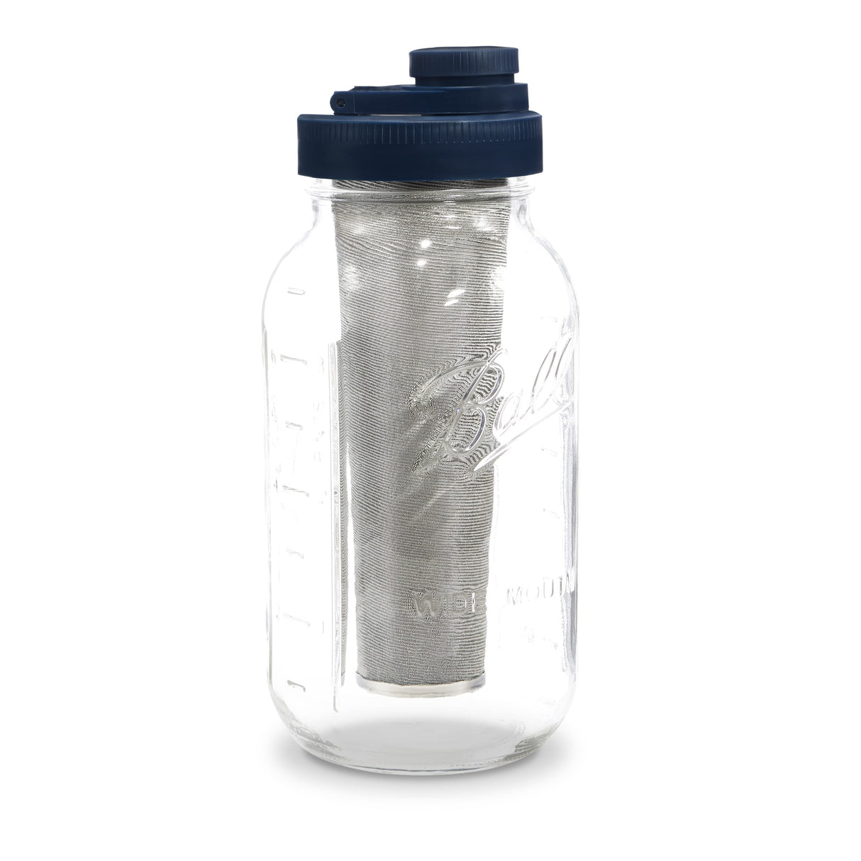 Brewing America Mason Jar Cold Brew Coffee Maker Infuser: Made in USA Wide Mouth Mason Jar with Screw Top Pour and Drinking Lid, Stainless Steel Filter - Coffee, Tea, Alcohol - 2 Quart 64 oz Blue Lid