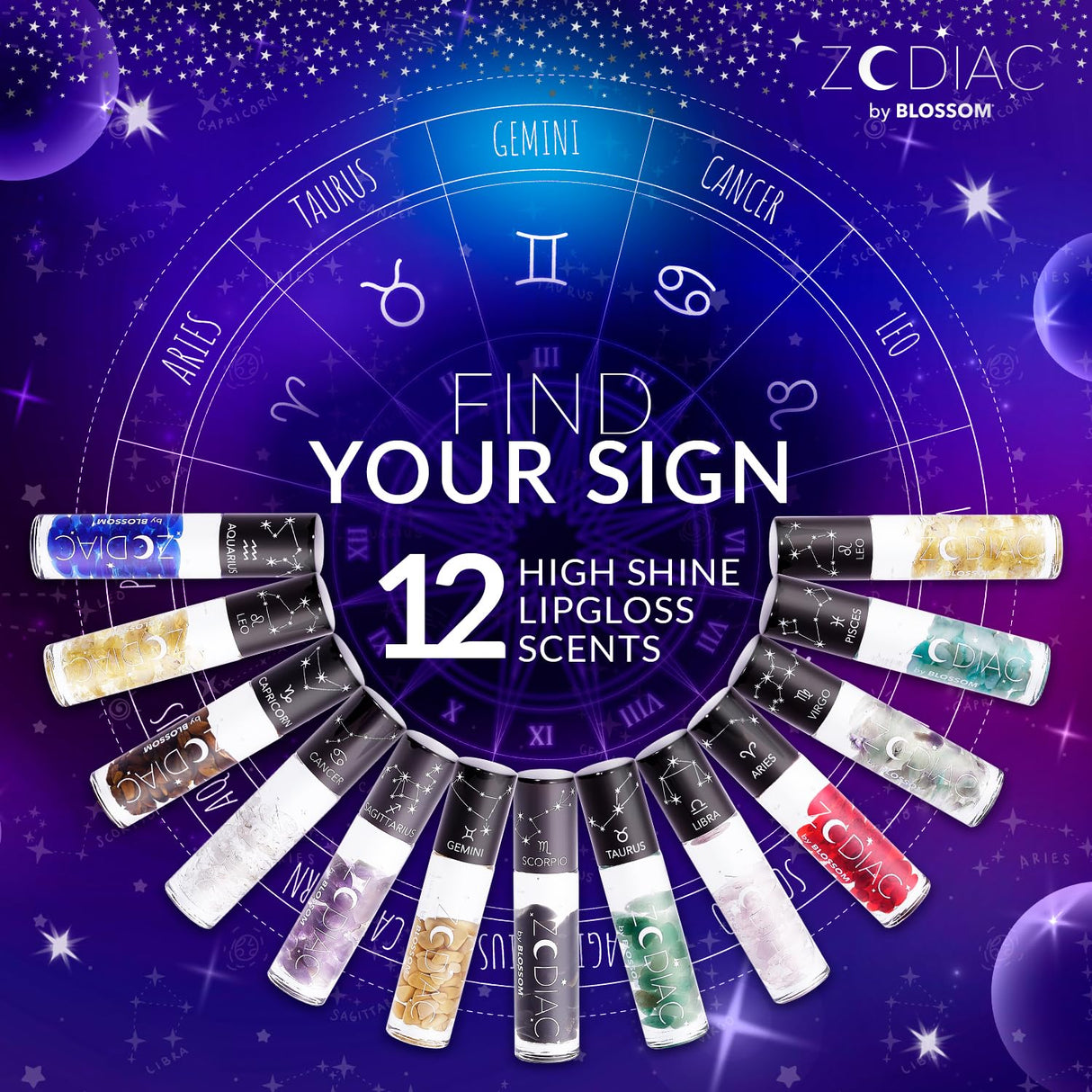 Blossom Zodiac Sign Roll-On Lip Gloss, Vanilla Scented + Moisturizing with Crystals, Made in USA, 0.20 fl. oz./5.9ml, Aquarius