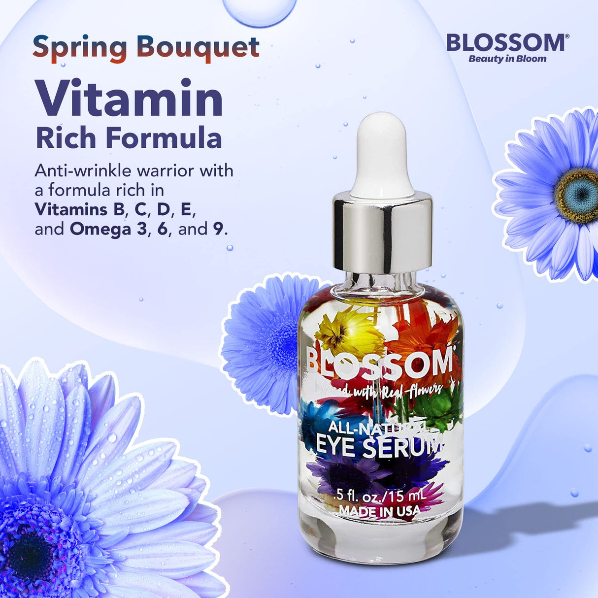 Blossom All Natural Eye Serum with Essential Oils, Organic Cruelty Free Moisturizing, Infused with Real Flowers, Made in USA, 0.5 fl. oz., Spring Bouquet