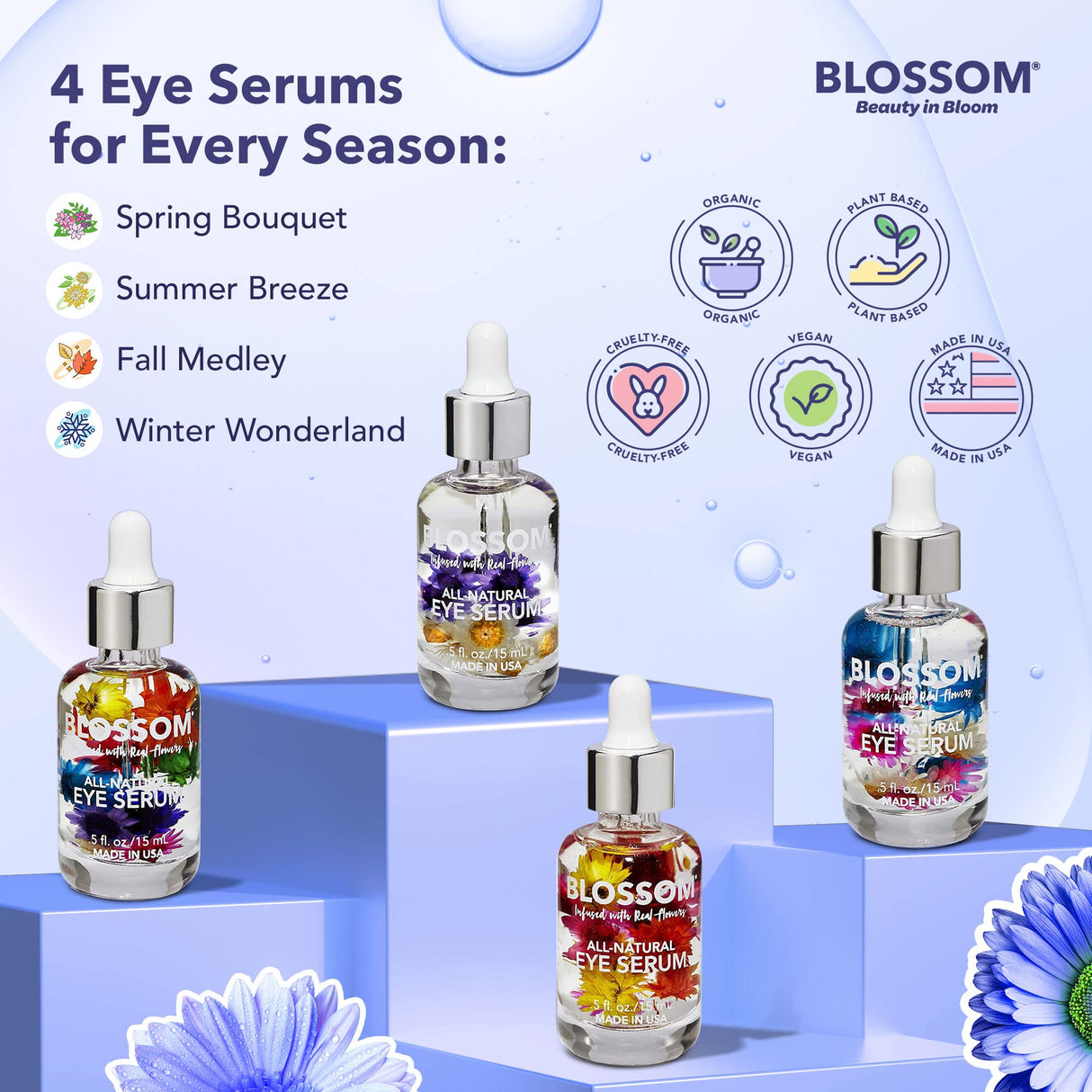 Blossom All Natural Eye Serum with Essential Oils, Organic Cruelty Free Moisturizing, Infused with Real Flowers, Made in USA, 0.5 fl. oz., Spring Bouquet