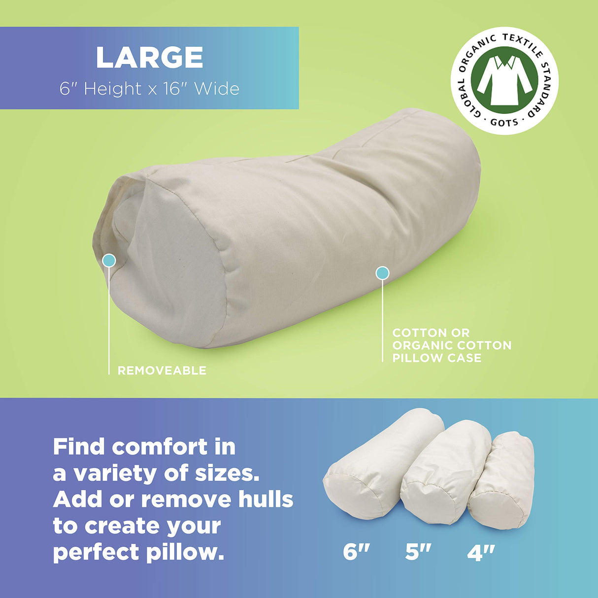 Bean Products Neck Roll Organic Kapok Pillow - 6" x 16" - Organic Cotton Zippered Shell - Made in USA