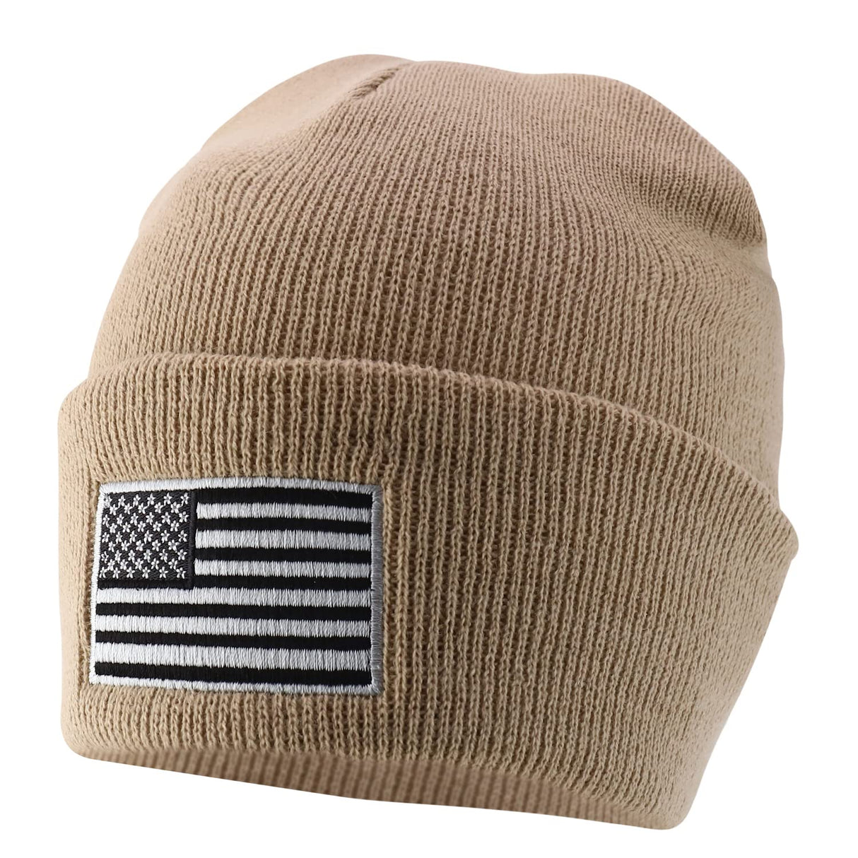 Made in USA Grey American Flag Embroidered Knit Cuff Long Beanie