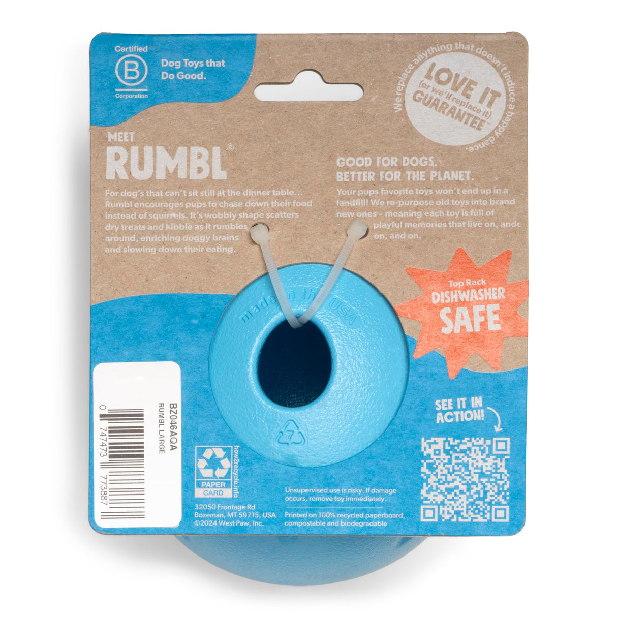 West Paw Zogoflex Rumbl Treat-Dispensing Dog Toy – Interactive Slow-Feeder Chew – Enrichment Toy Moderate Chewers, Fetch, Catch – Holds Kibble, (Eggplant, Large)