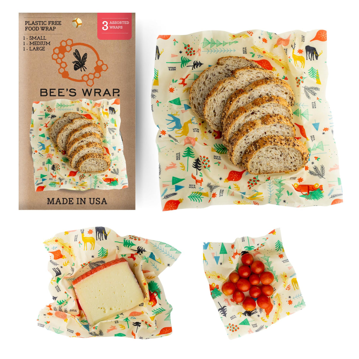 Bee's Wrap Reusable Beeswax Food Wraps Made in The USA, Eco Friendly Beeswax Wraps for Food, Sustainable Food Storage Containers, Organic Cotton Food Wraps, Assorted 3 Pack (S, M, L), Honeycomb